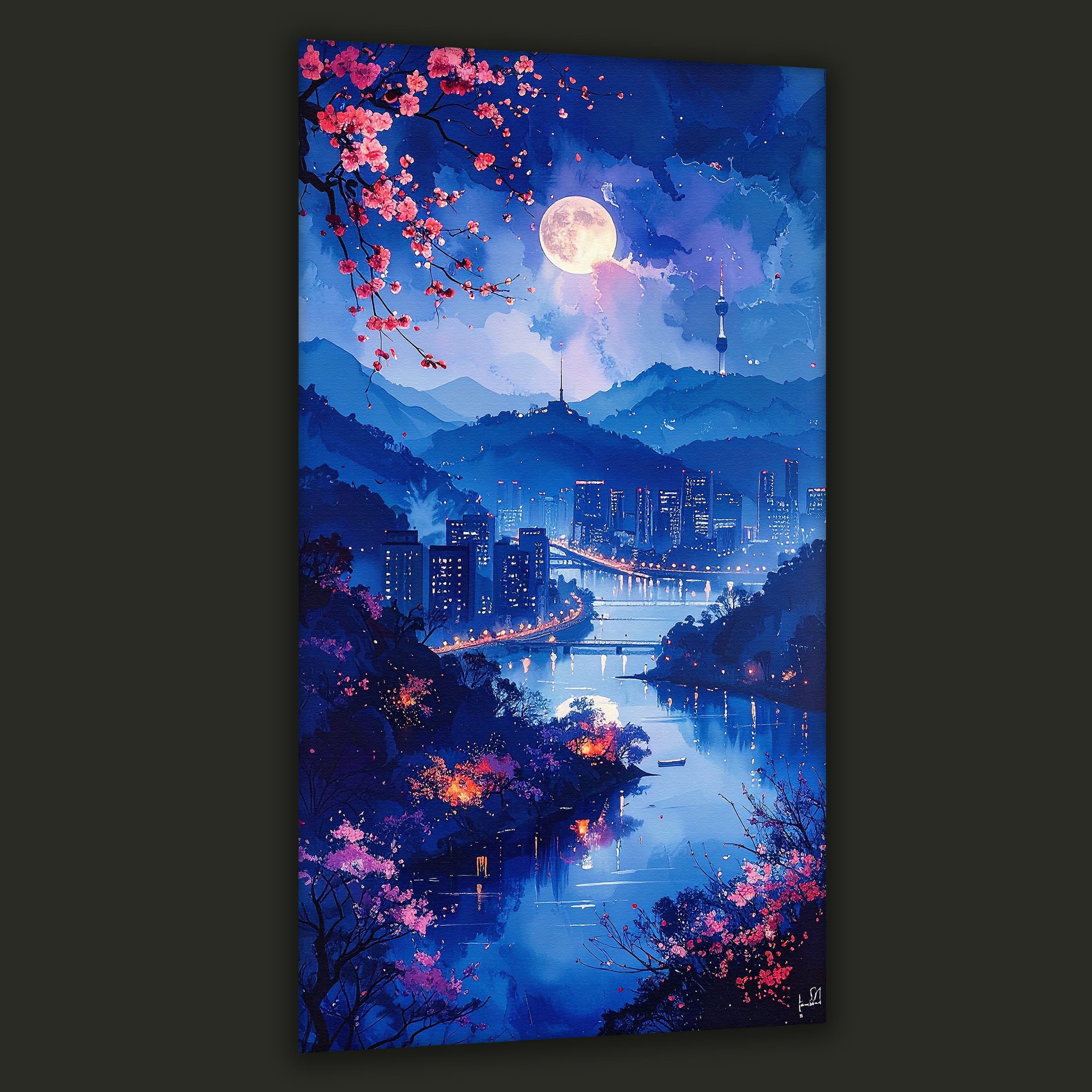 Full Moon over Seoul Nightscape (Portrait Canvas Edition)