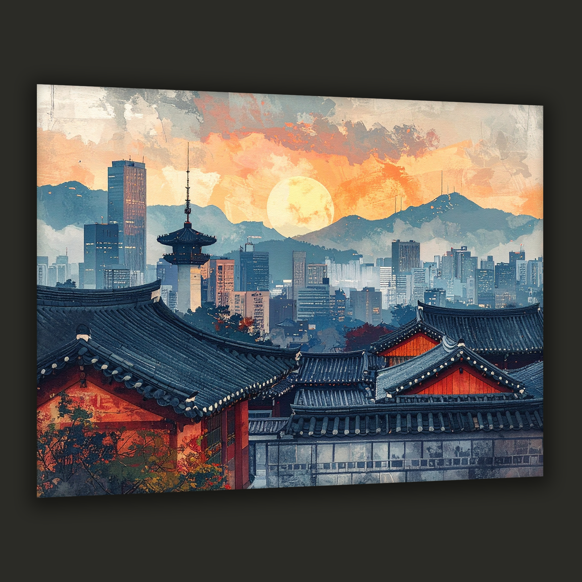 Moon Over Modern Seoul – Korean Cityscape Landscape Canvas Art