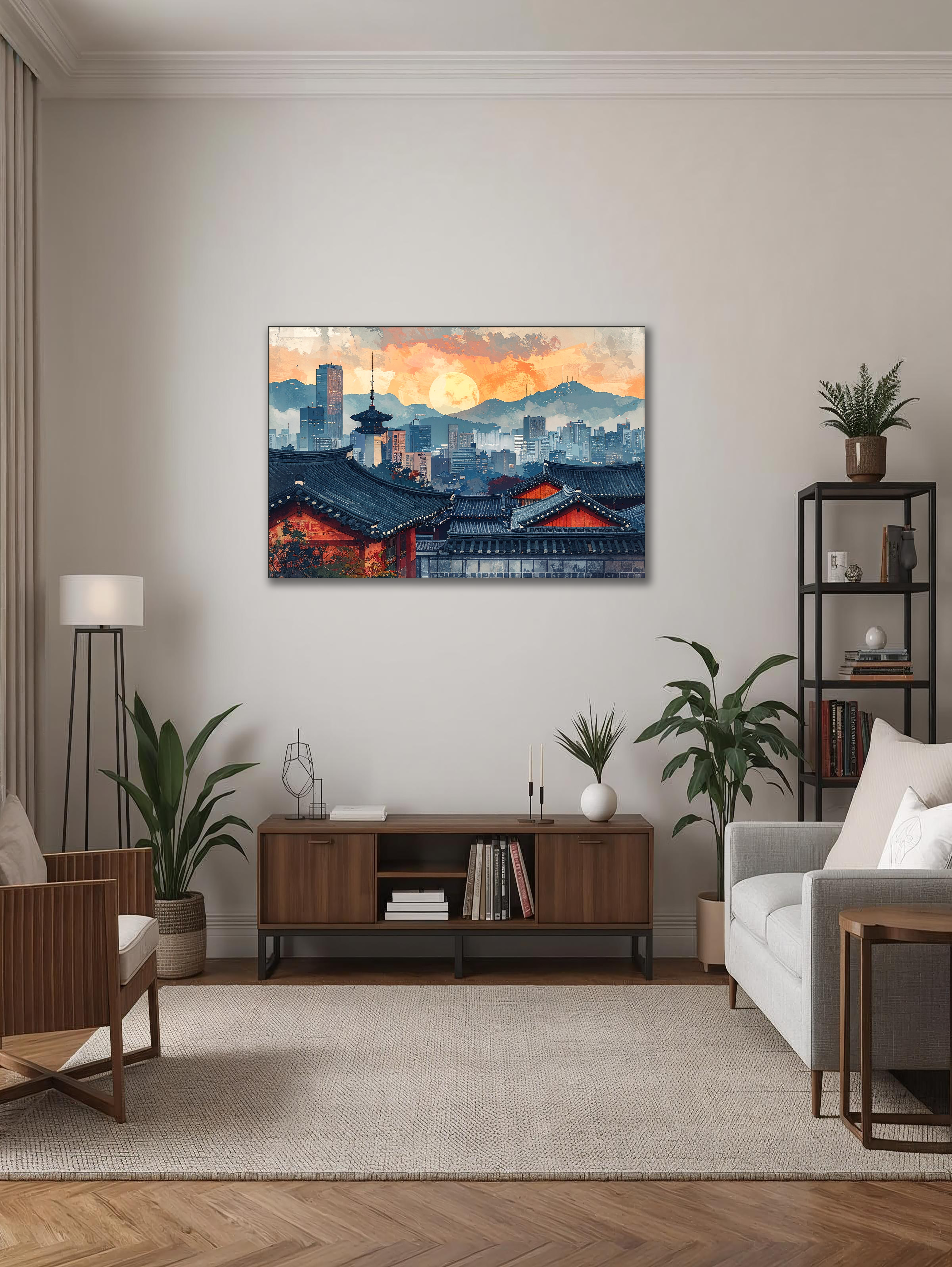 Moon Over Modern Seoul – Korean Cityscape Landscape Canvas Art