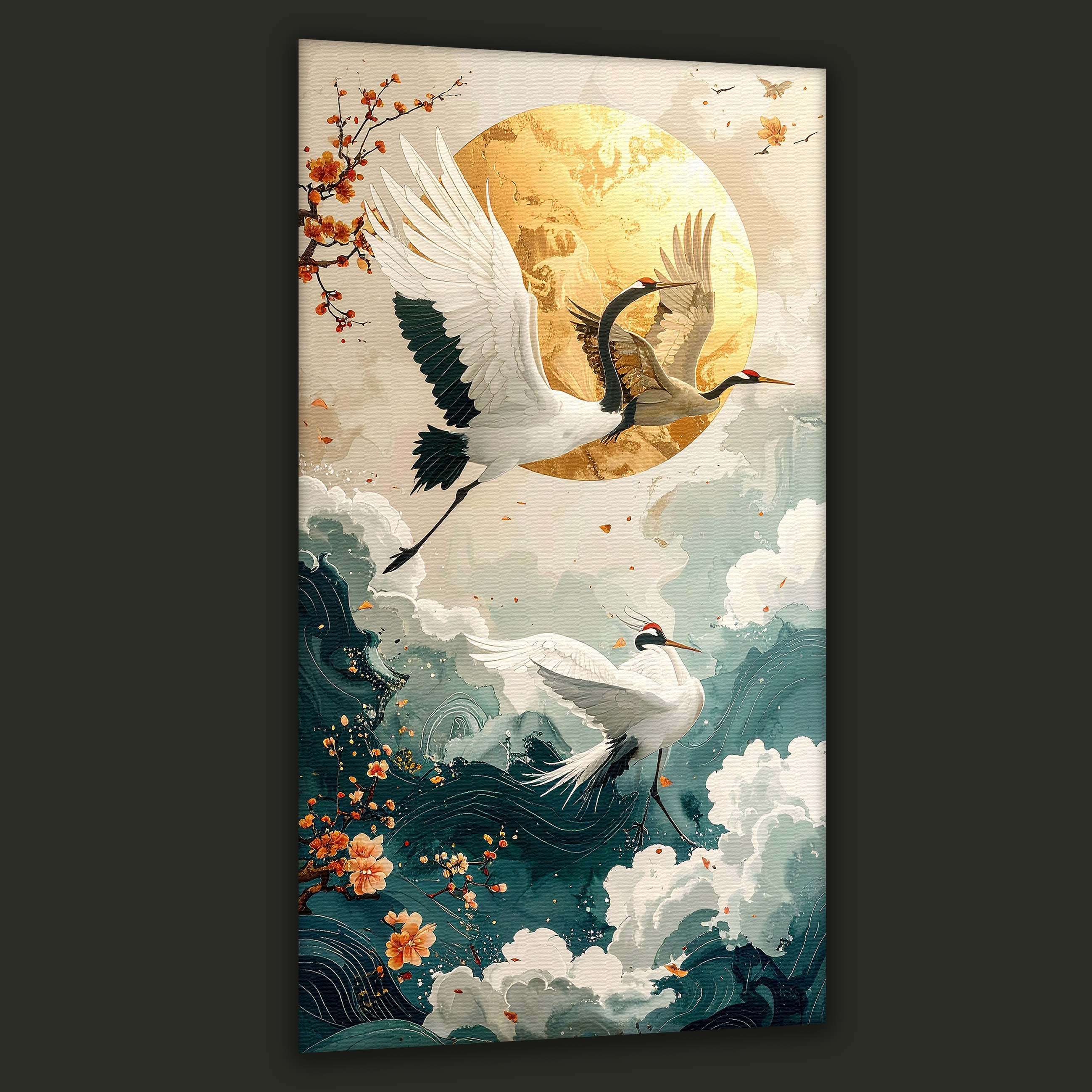 Golden Moon & Soaring Cranes (Portrait Canvas Edition)