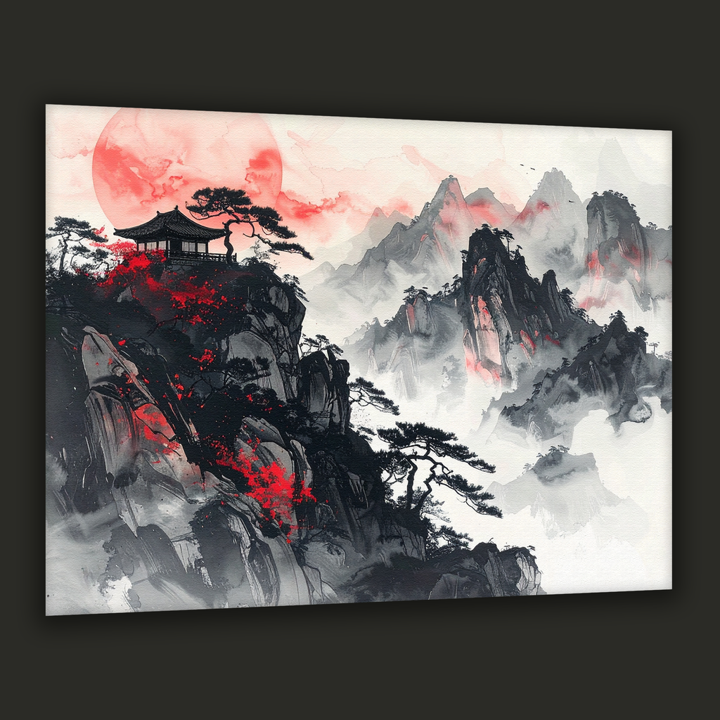 Crimson Moon over Misty Peaks – Korean Mountain Landscape Canvas Art