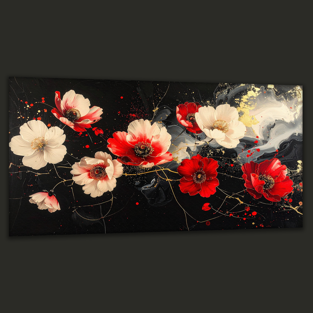 Crimson Blossoms on Black Silk (Landscape Canvas Edition)
