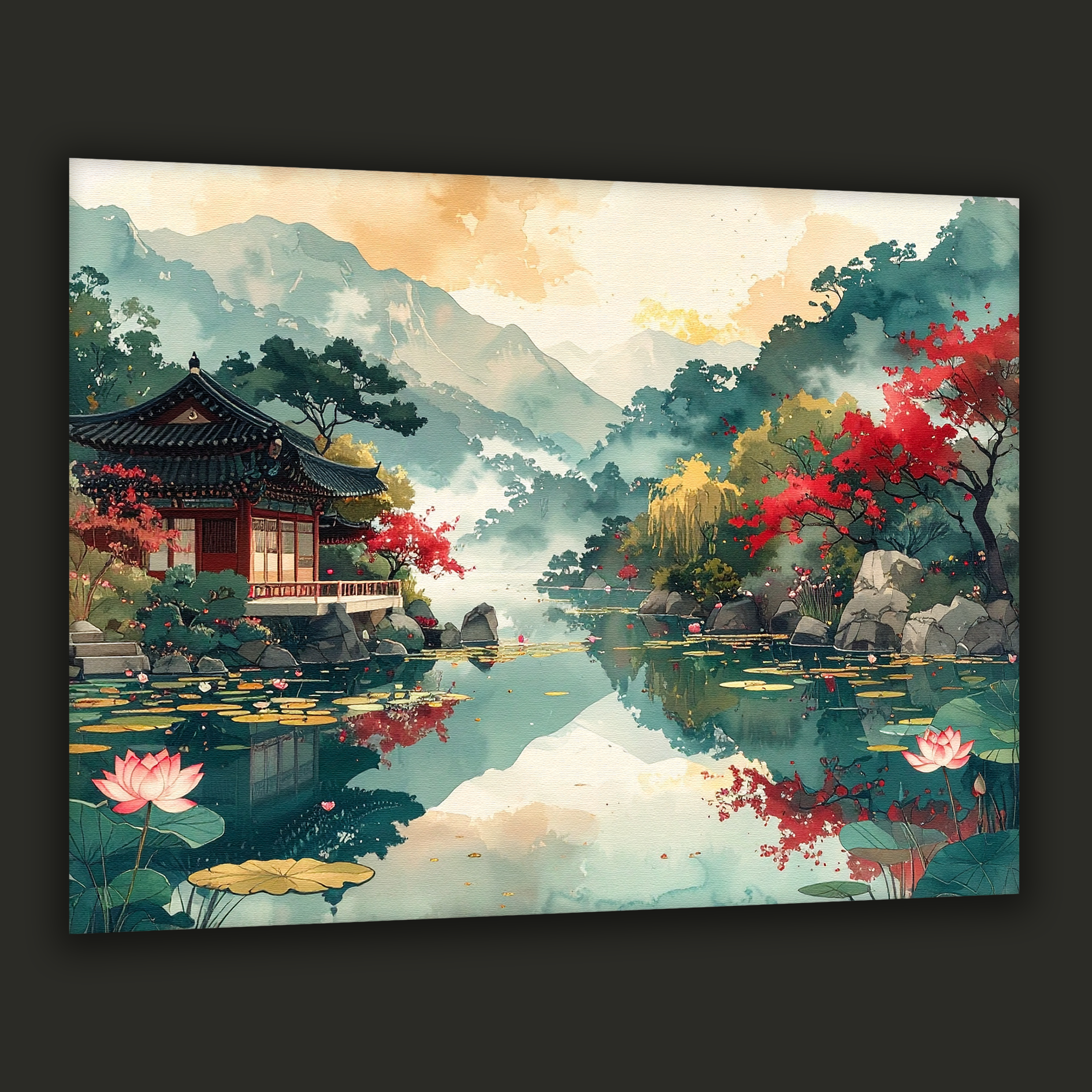 Lotus Reflections at Gyeonghoeru – Korean Traditional Landscape Canvas Art