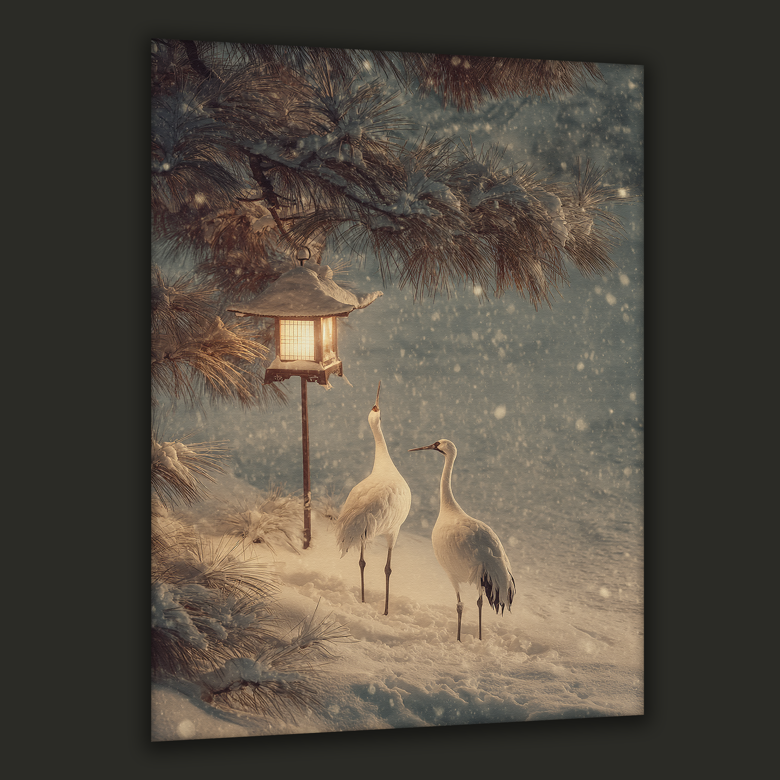Korean winter canvas art with two cranes, snow-covered pine trees, and a warm lantern glow