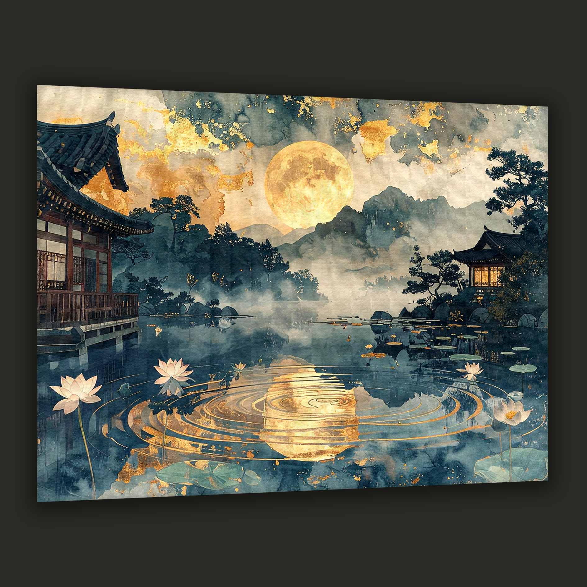 Golden Moon over Lotus Lake – Korean Hanok Moonlight Canvas Art