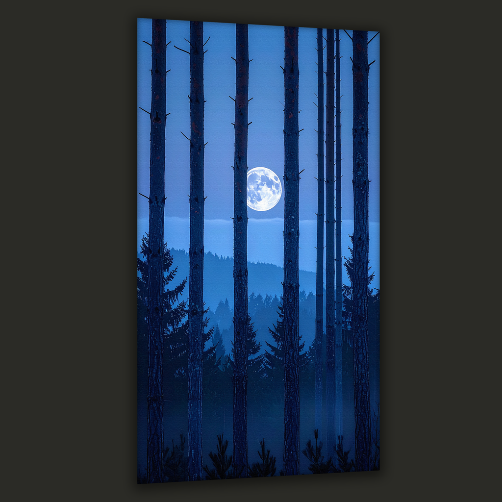 Moonrise Through the Pines (Portrait Canvas Edition)
