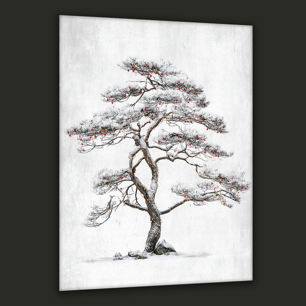 Korean winter pine tree canvas art with soft snow, red berries, and warm lights in a minimal style