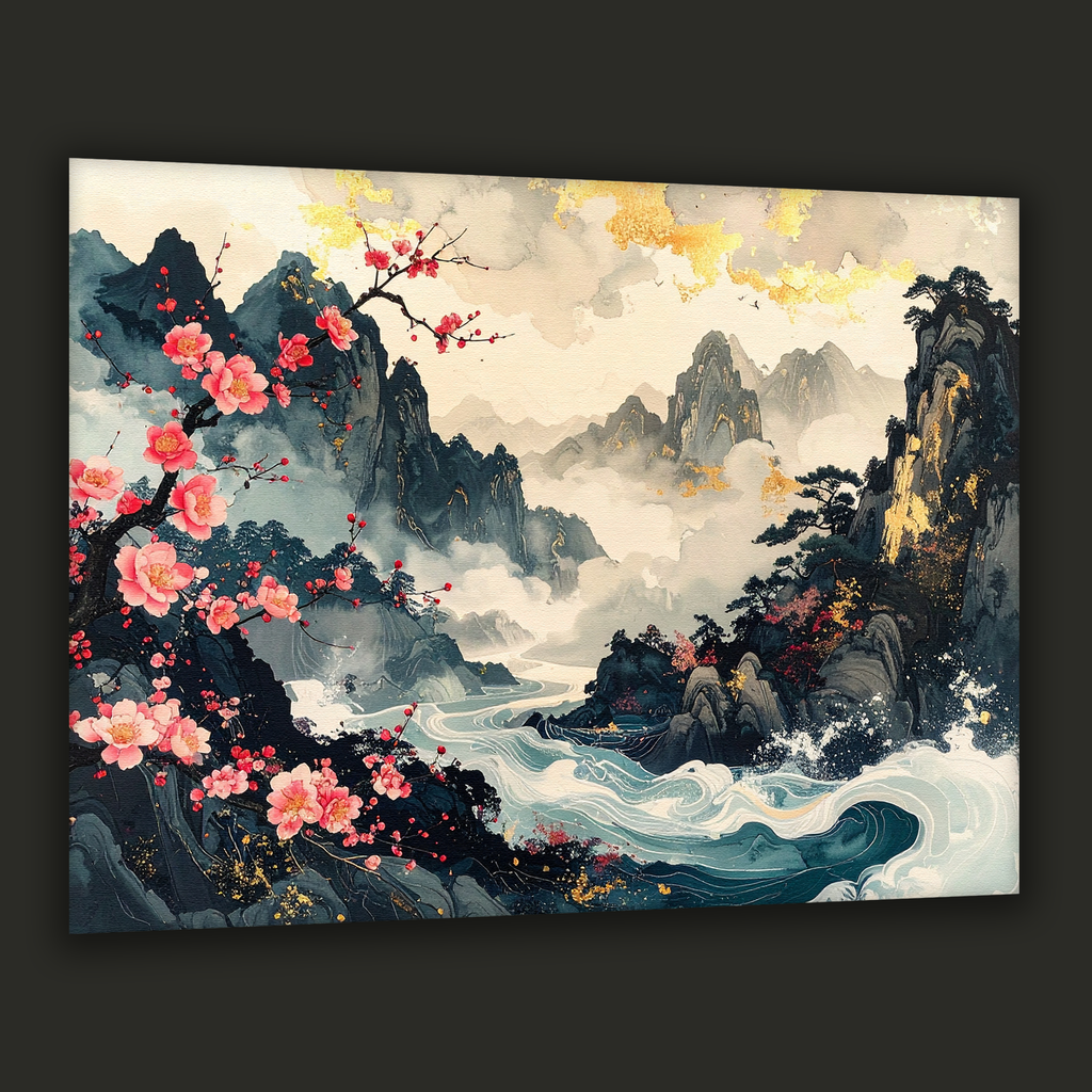 Bloom of Spring over Misty Mountains – Korean Plum Blossom Landscape Canvas Art