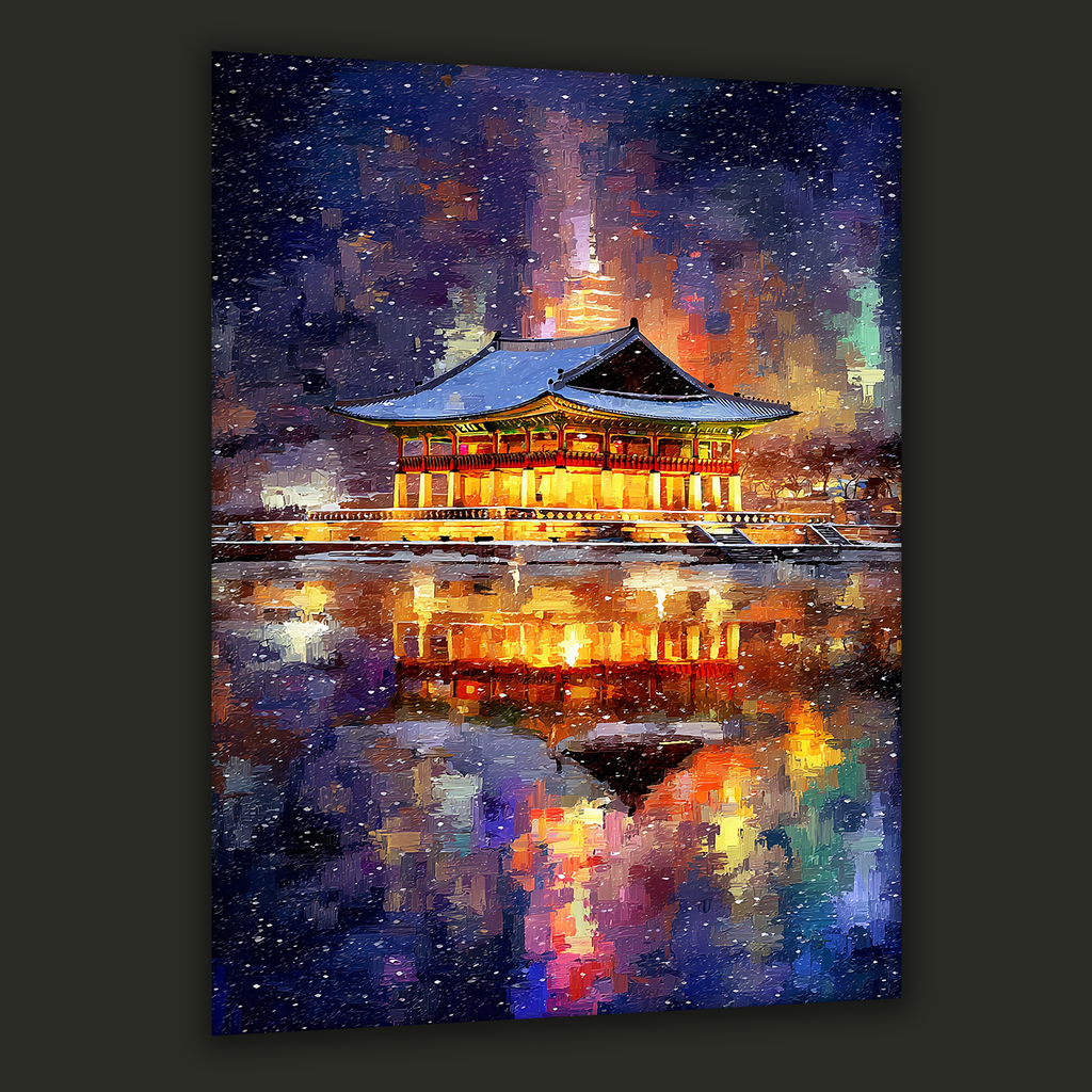 Glowing Korean pavilion reflected on a snowy winter lake — canvas art