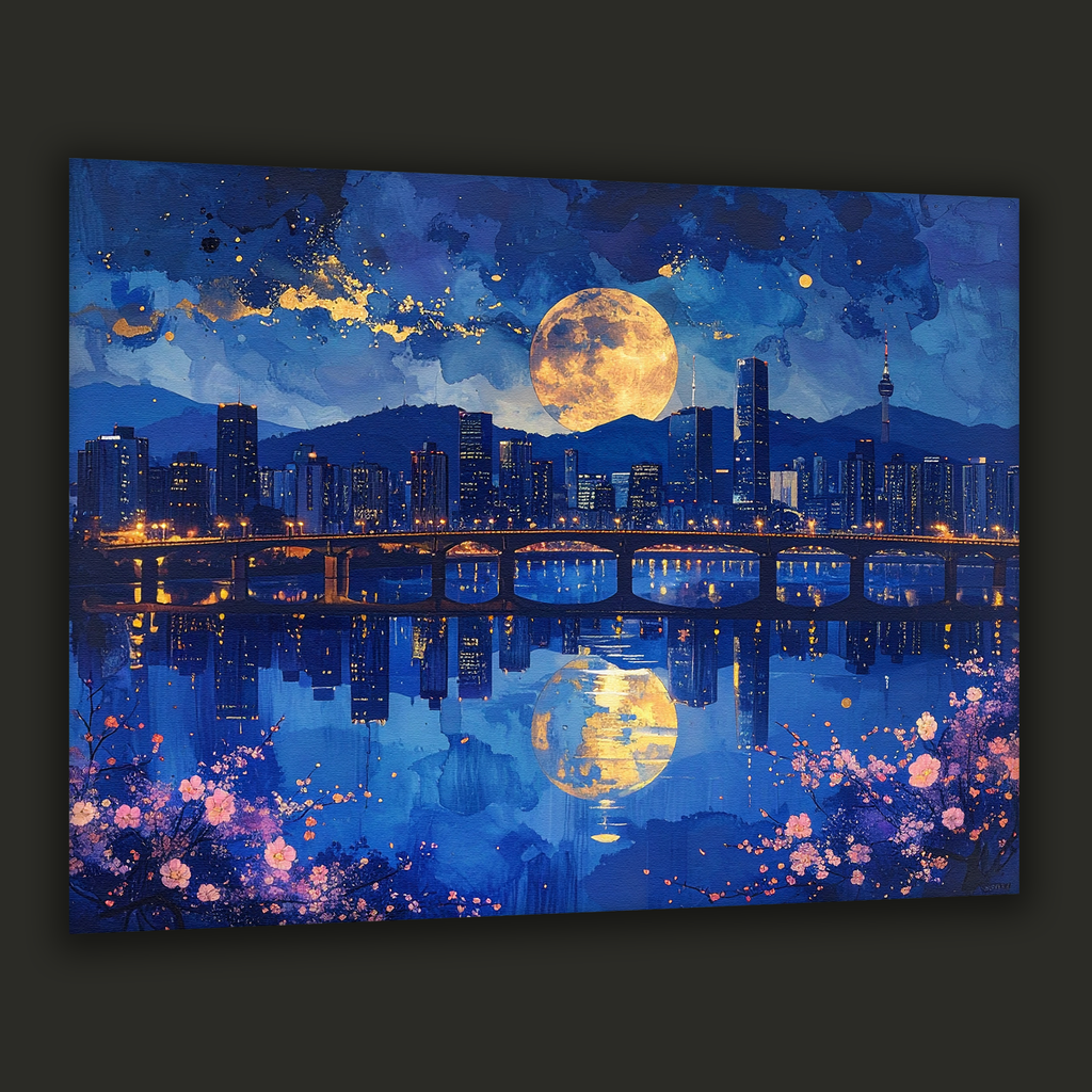 Moonlight Over Seoul – Korean City Nightscape Canvas Art