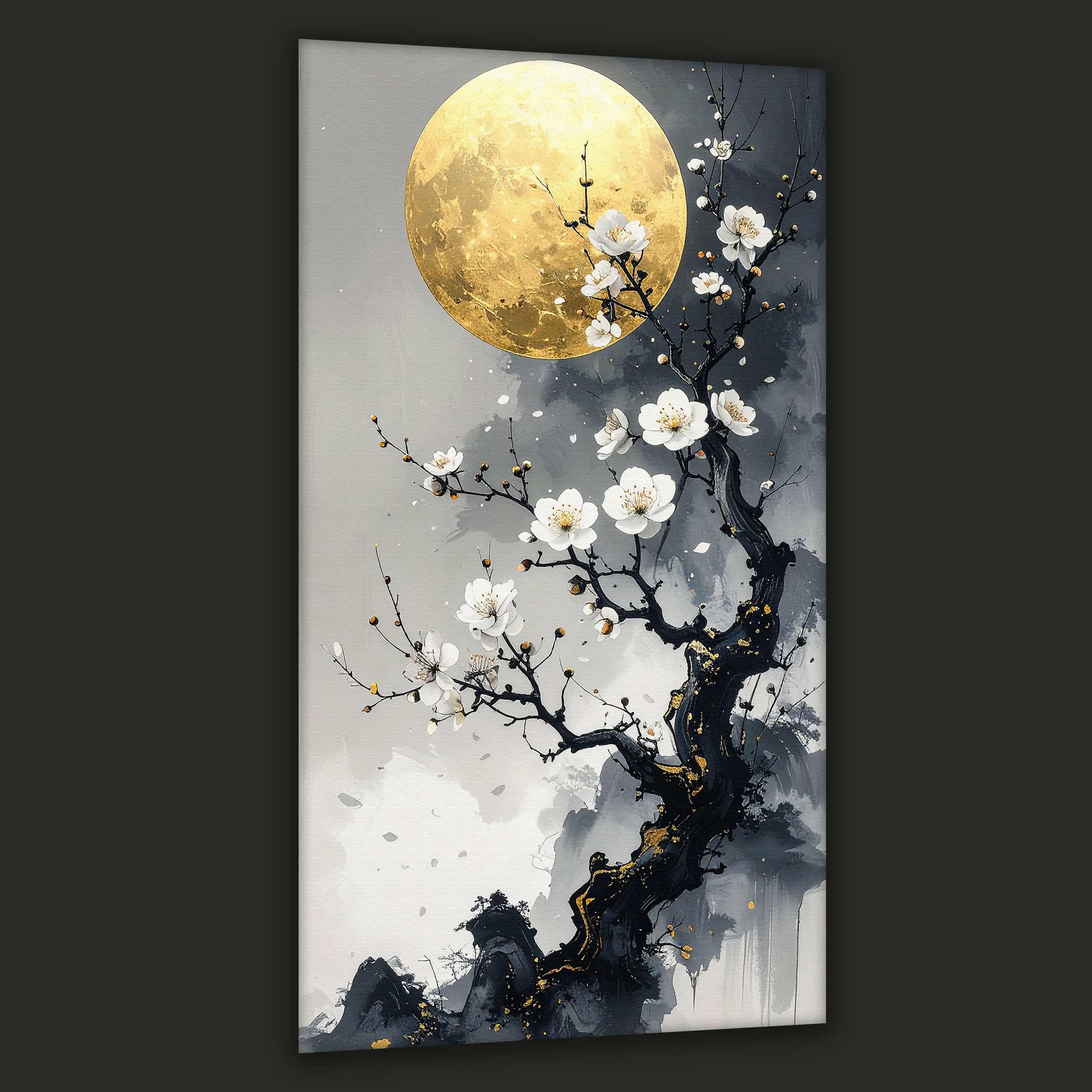 Golden Moon over White Blossoms (Portrait Canvas Edition)