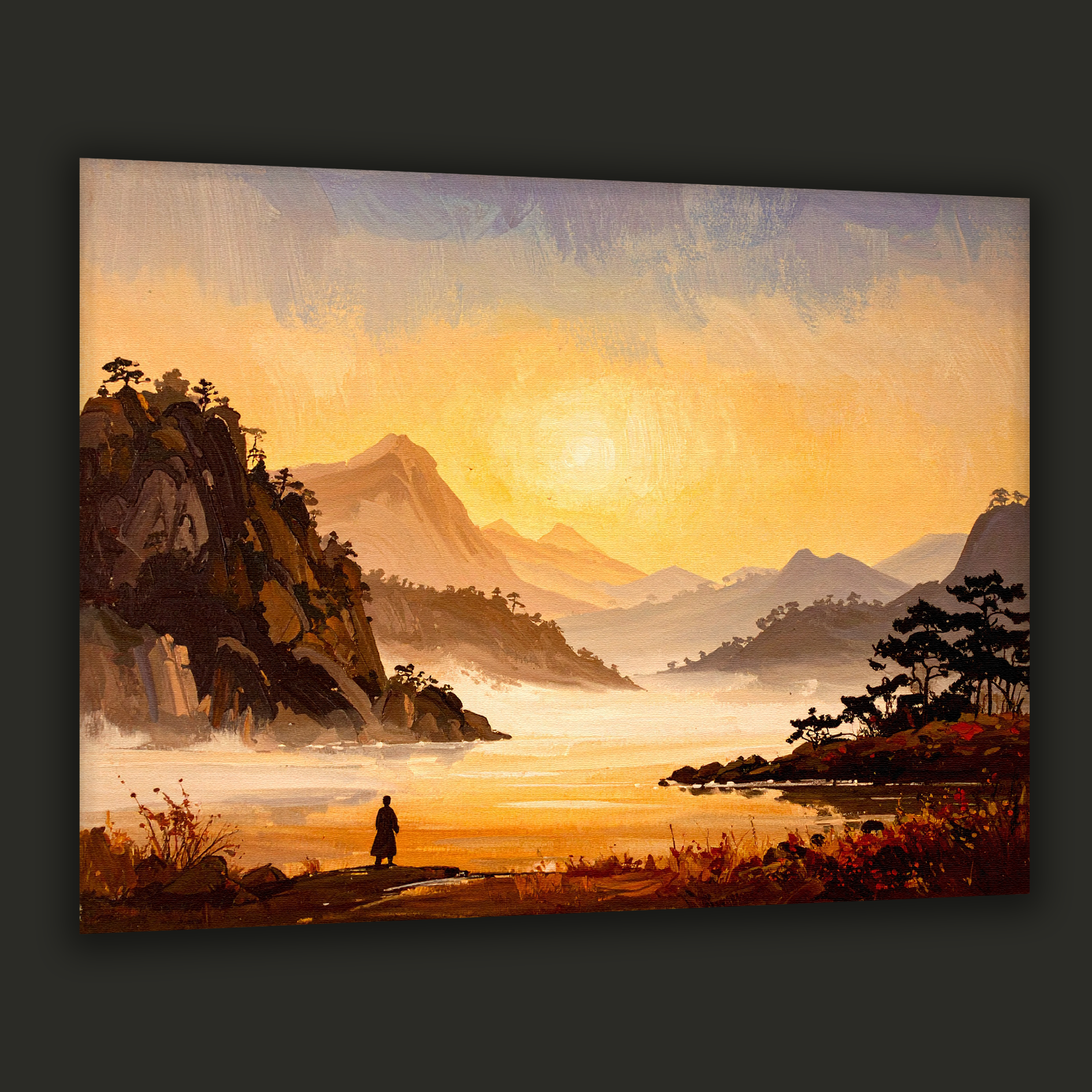 Golden Silence of Dawn – Korean Mountain Landscape Canvas Art