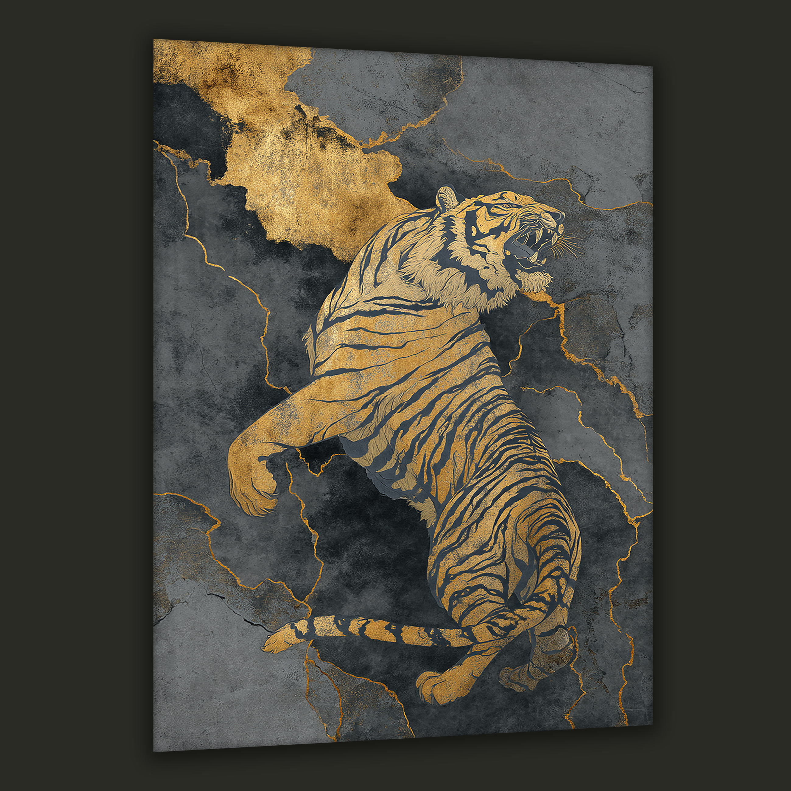 Korean Gold Tiger Canvas Art | Luxury Dark Marble Style