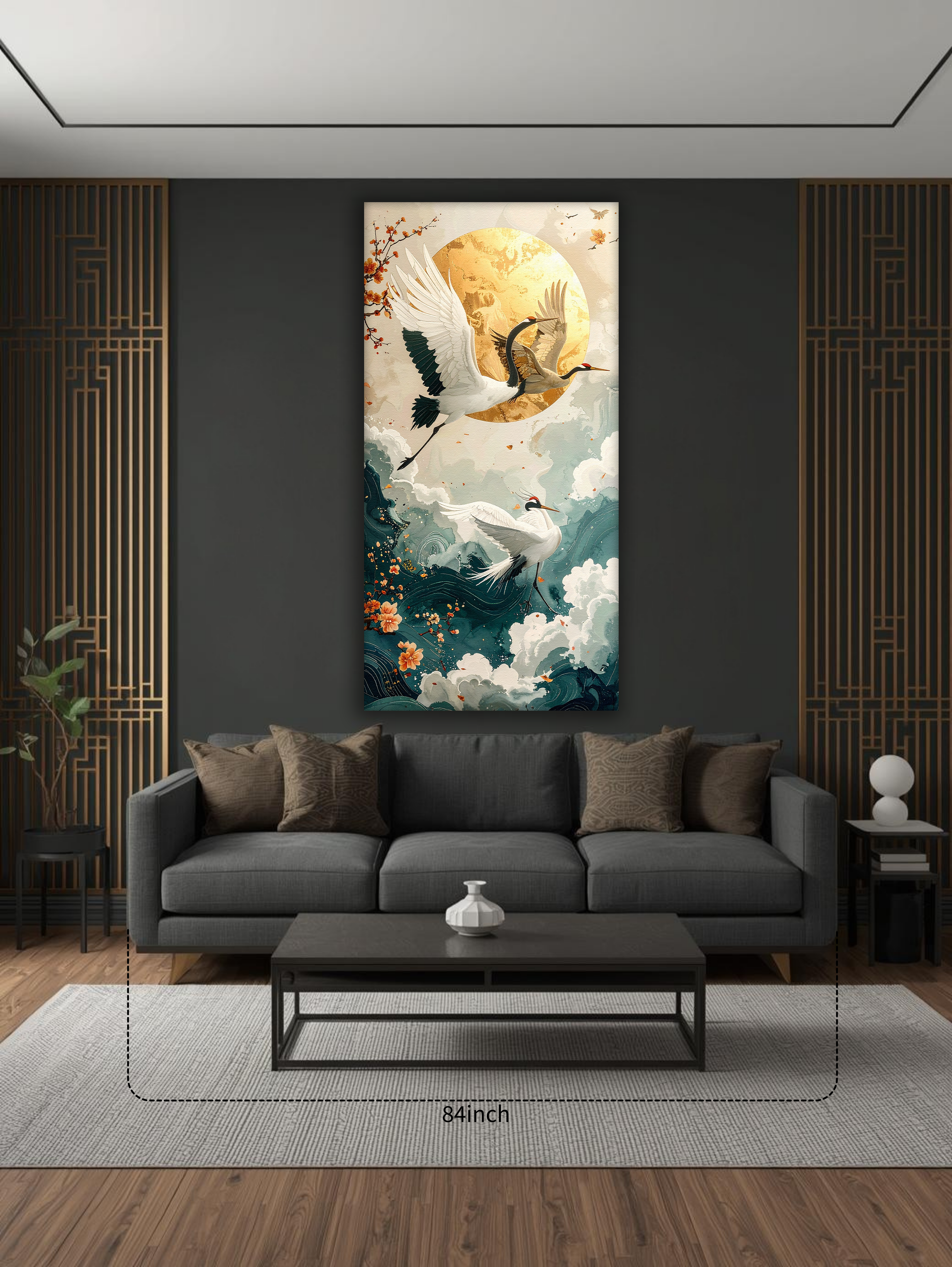 Golden Moon & Soaring Cranes (Portrait Canvas Edition)