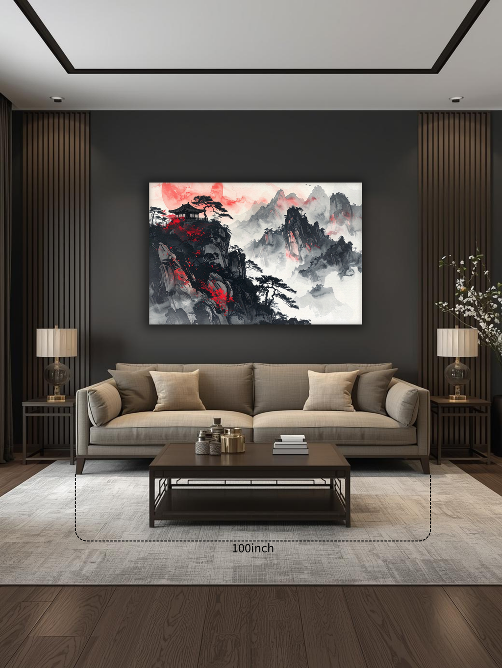Crimson Moon over Misty Peaks – Korean Mountain Landscape Canvas Art