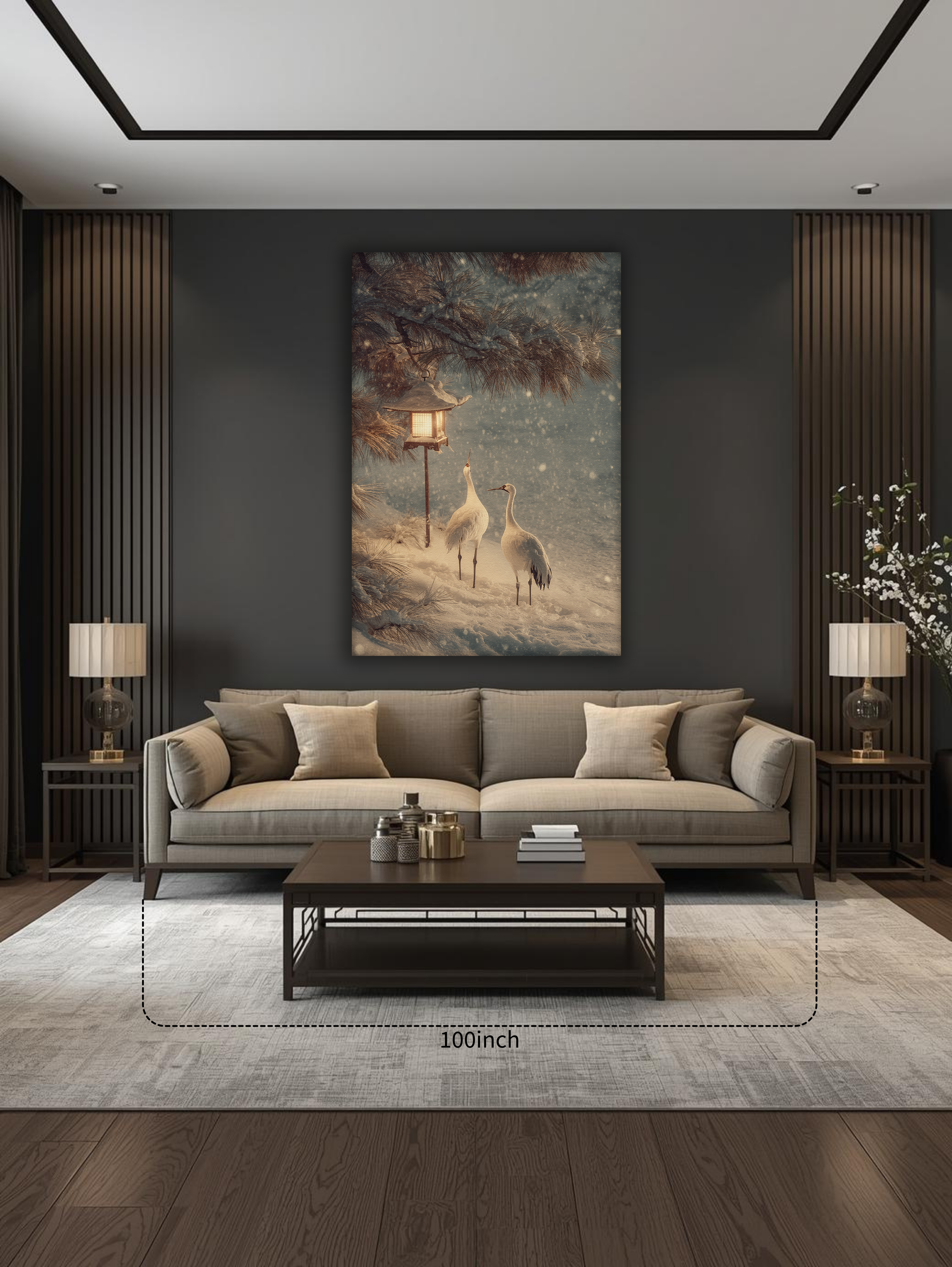 Korean Winter Crane Lantern Canvas Art | Snowy Pine Scene