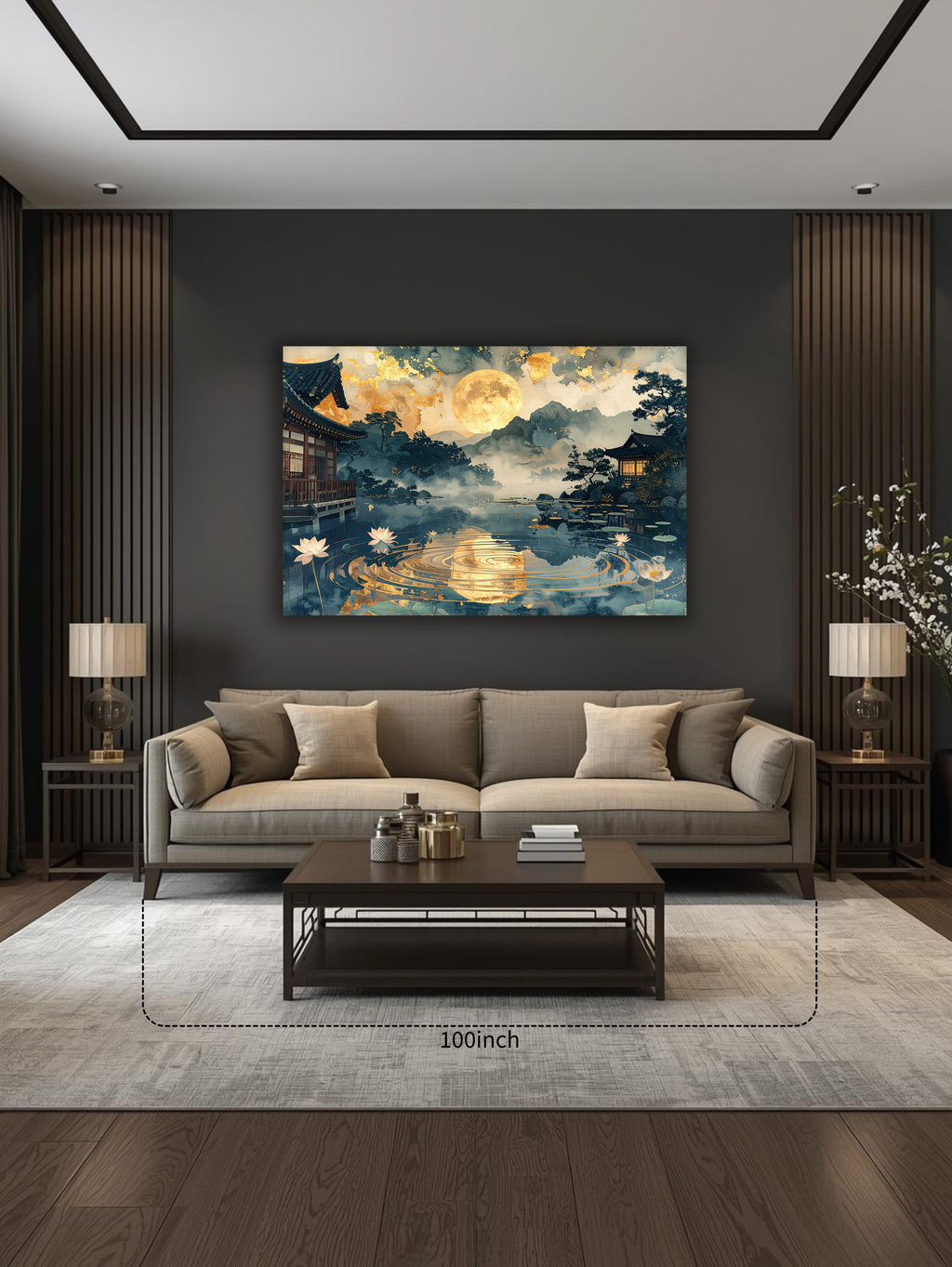 Golden Moon over Lotus Lake – Korean Hanok Moonlight Canvas Art