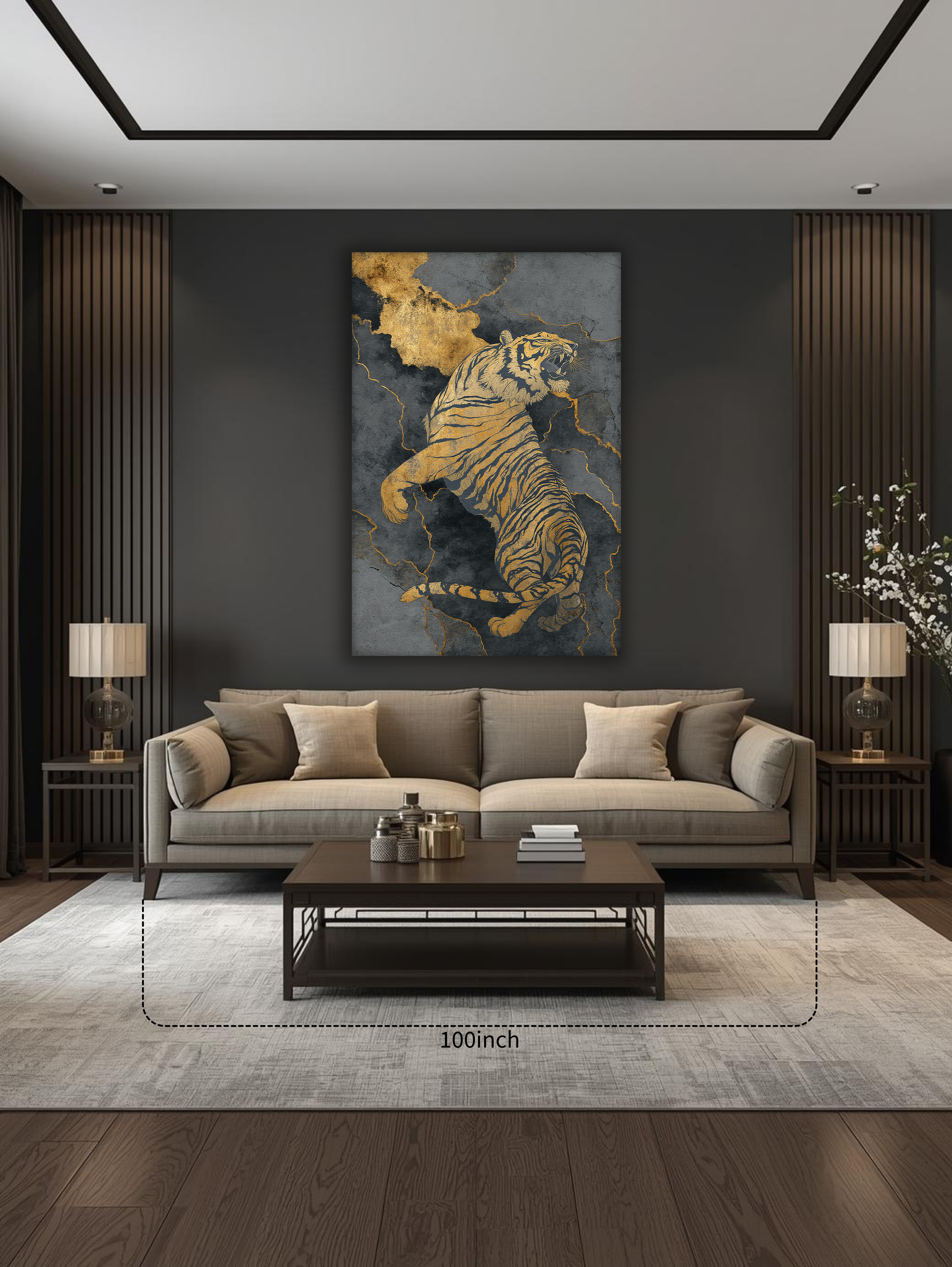 Korean Gold Tiger Canvas Art | Luxury Dark Marble Style