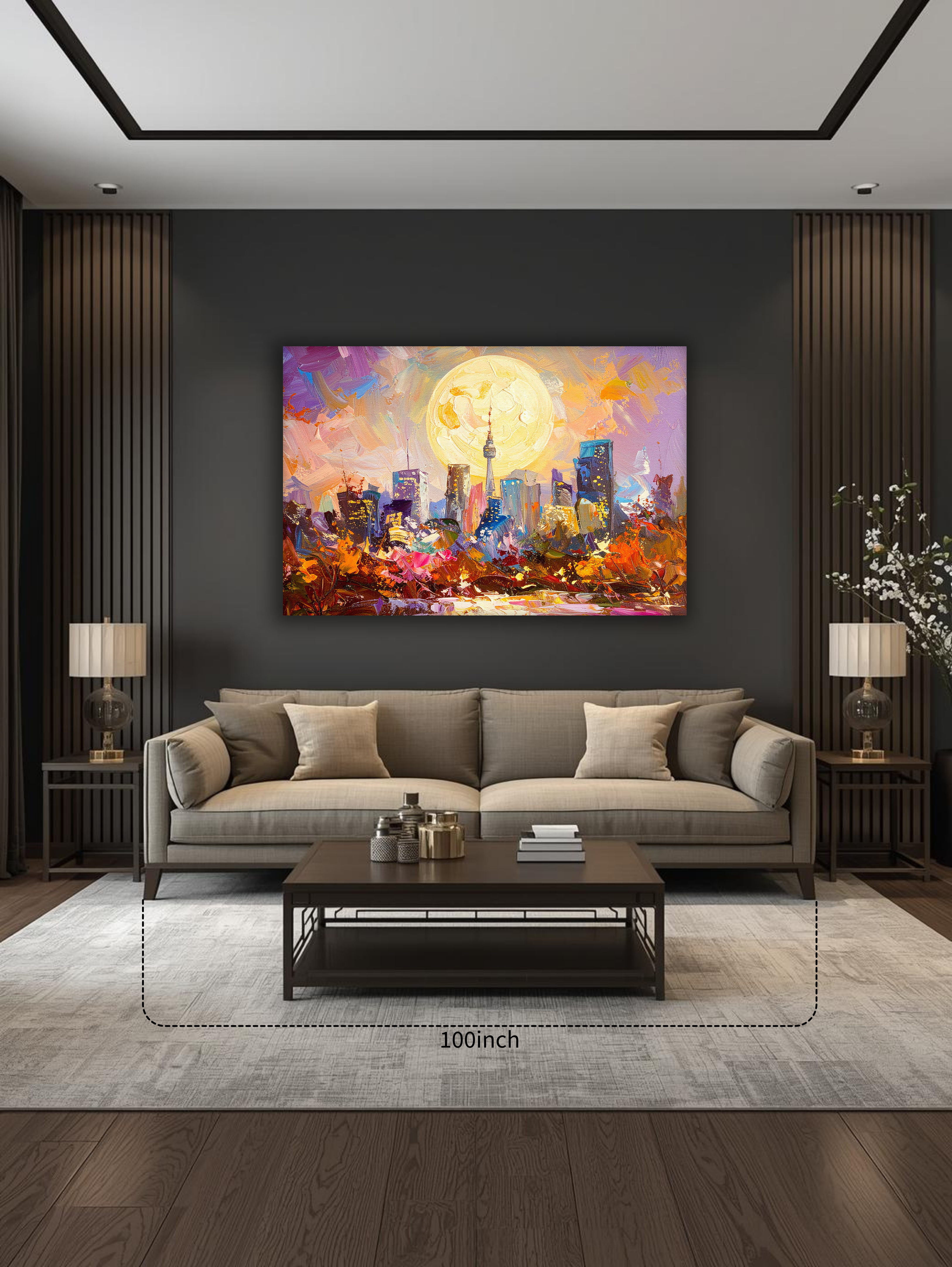 Seoul in Golden Moonlight – Abstract Korean Cityscape Canvas Art