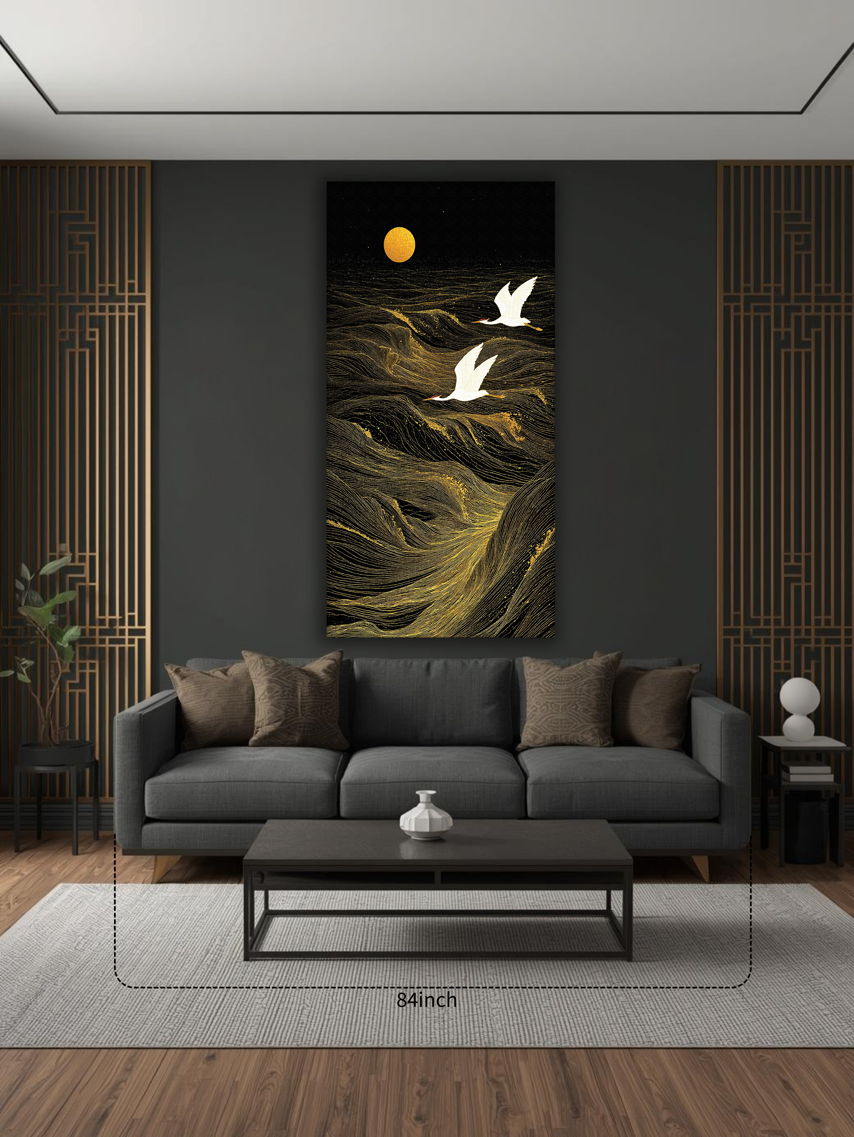 Golden Cranes over Midnight Waves (Portrait Canvas Edition)