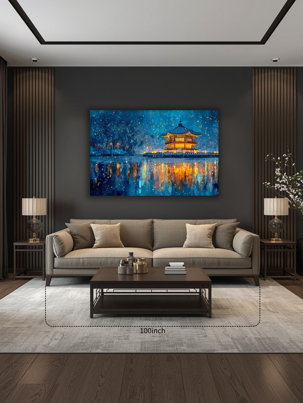Korean Winter Pavilion Canvas Art | Night Lake Reflection