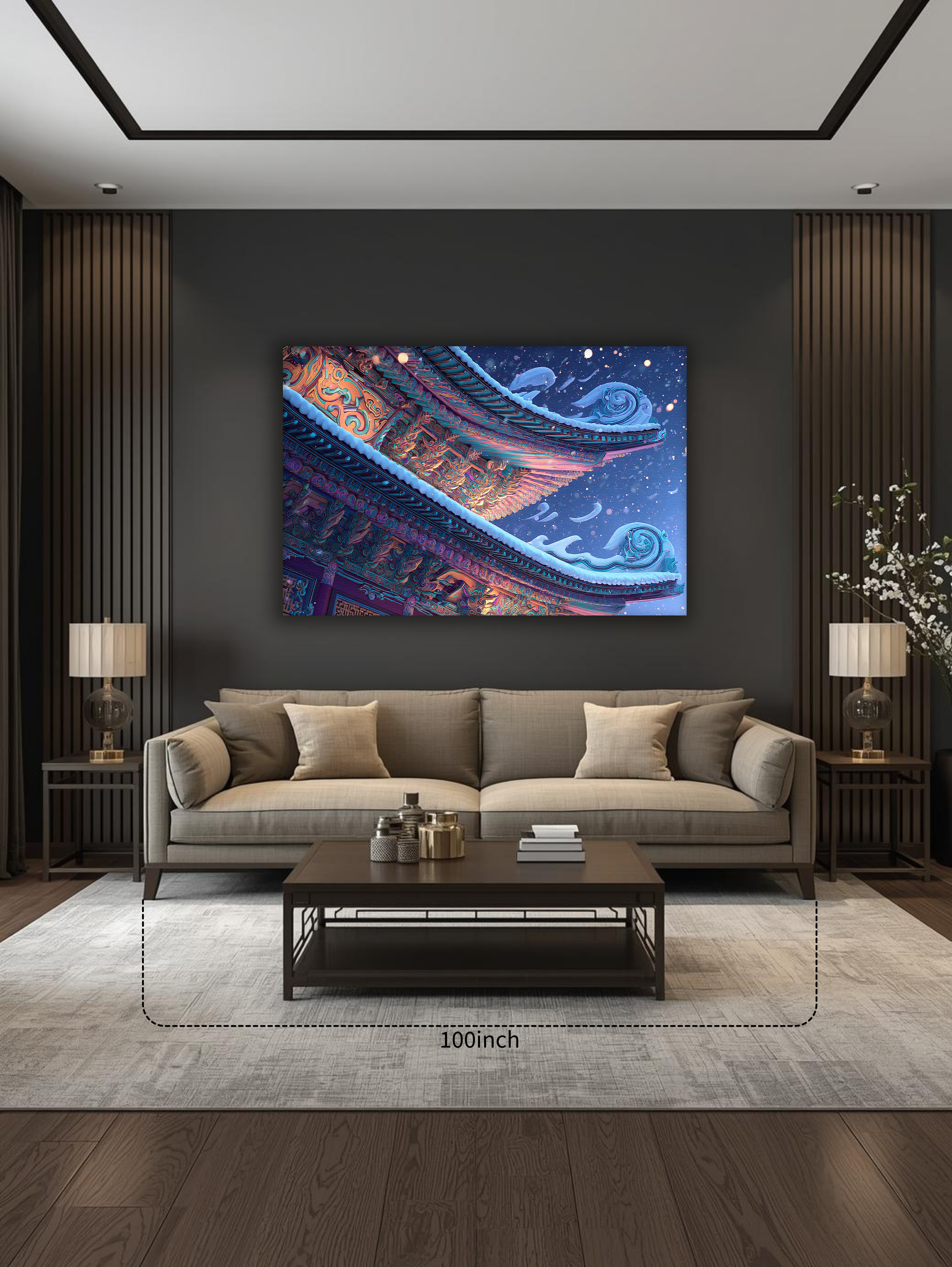 Korean Winter Temple Roof Canvas Art | Snowy Dancheong Night