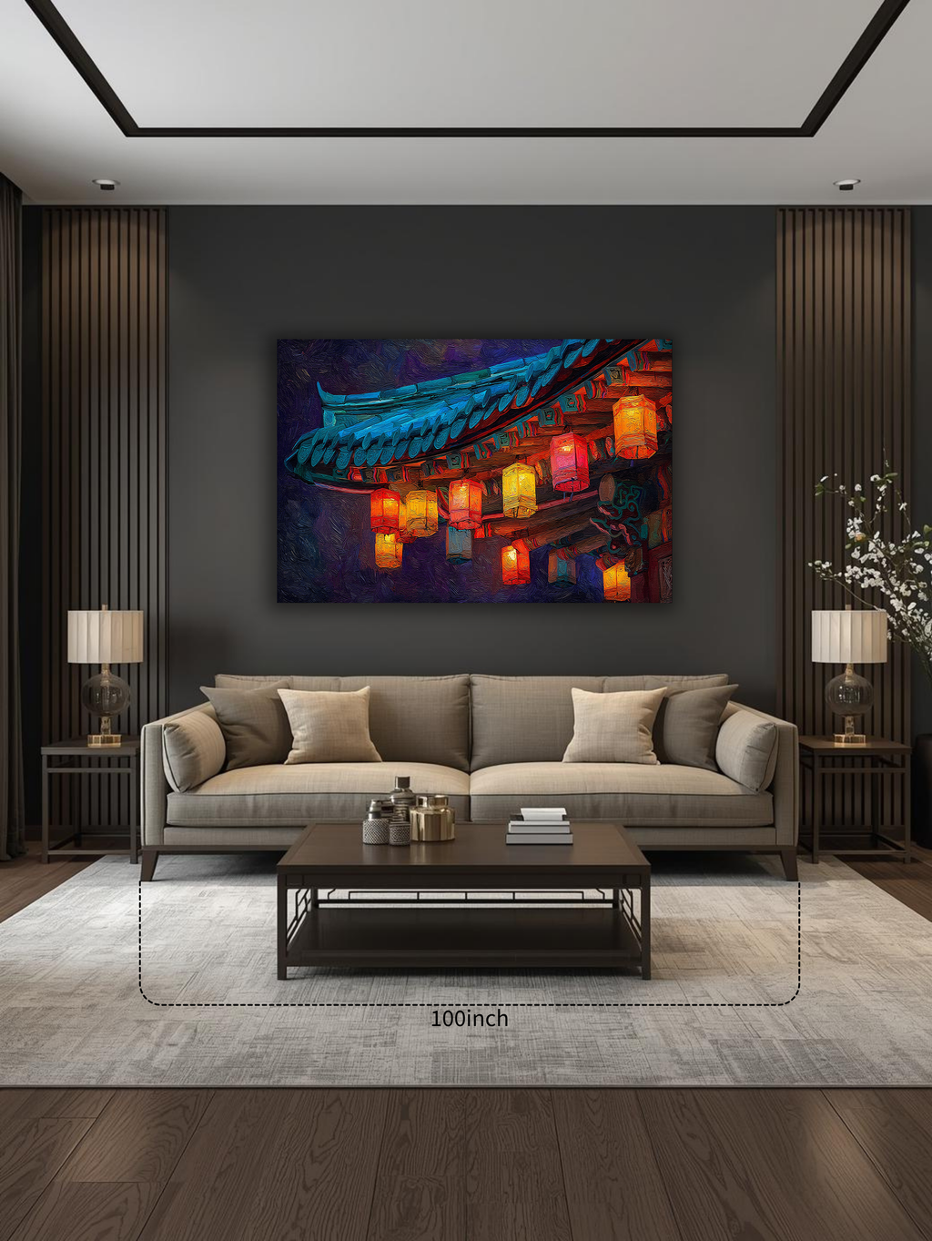 Korean Lantern Night Canvas Art | Temple Roof Glow