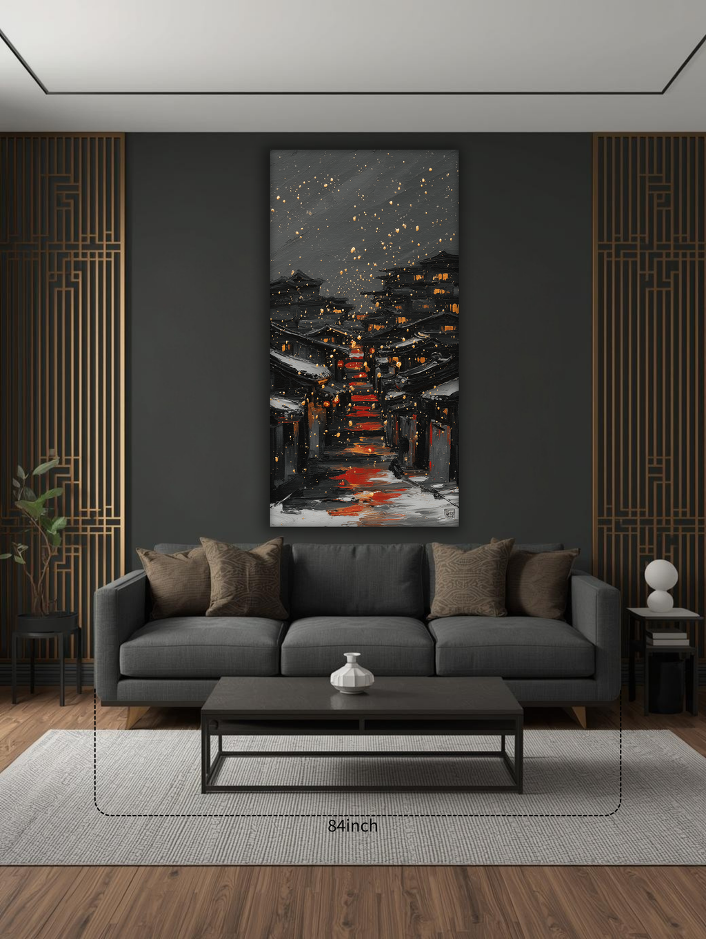 Korean Night Village Canvas Art | Red Path & Gold Snow (Portrait Canvas Edition)