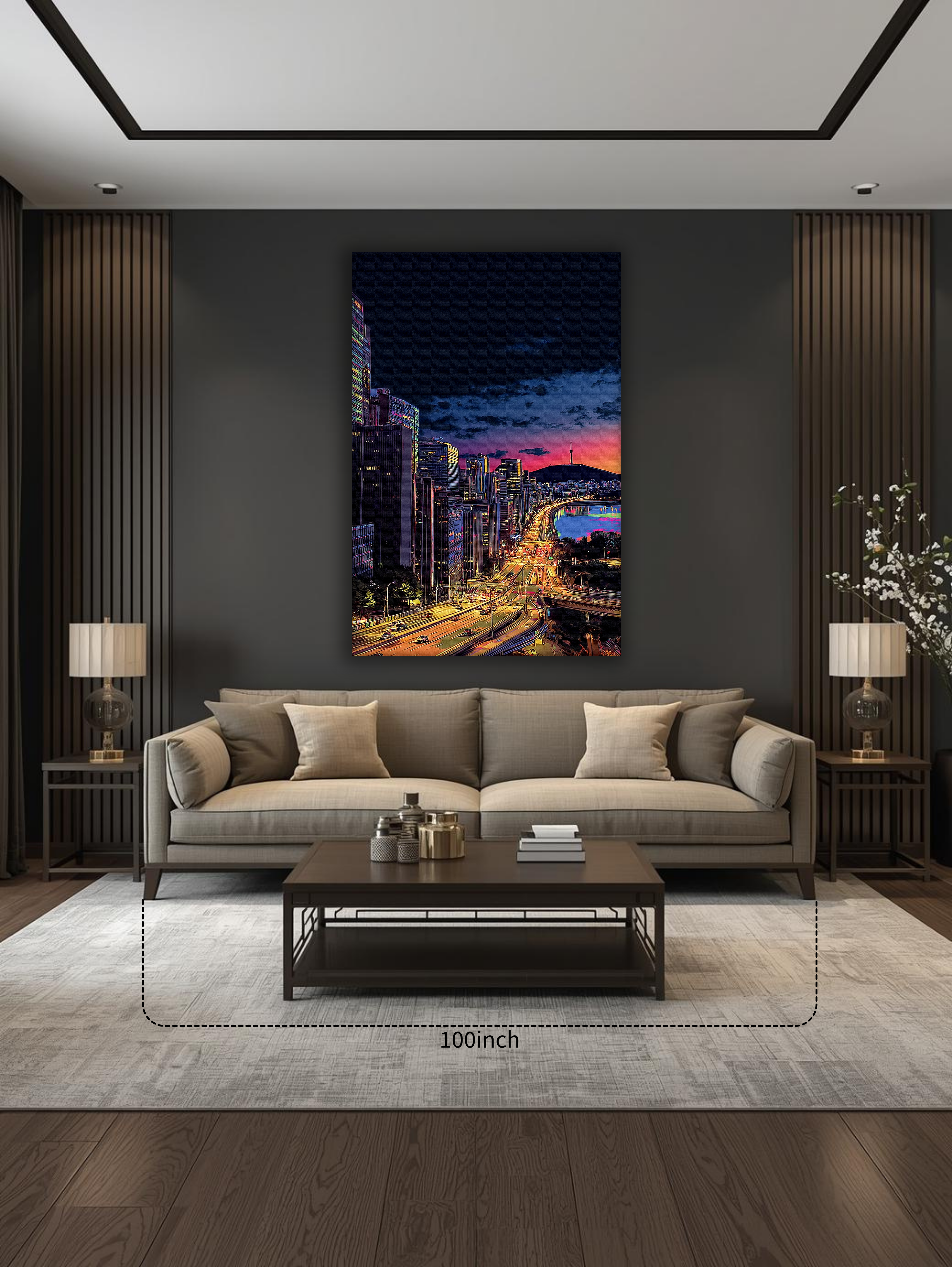 Korean Cityscape Canvas Art | Neon Seoul River Night