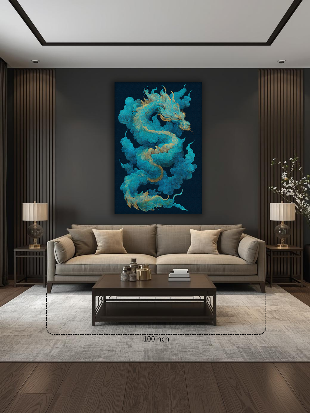 Korean Dragon Vertical Canvas Art – Teal & Gold Mythic Wall Decor