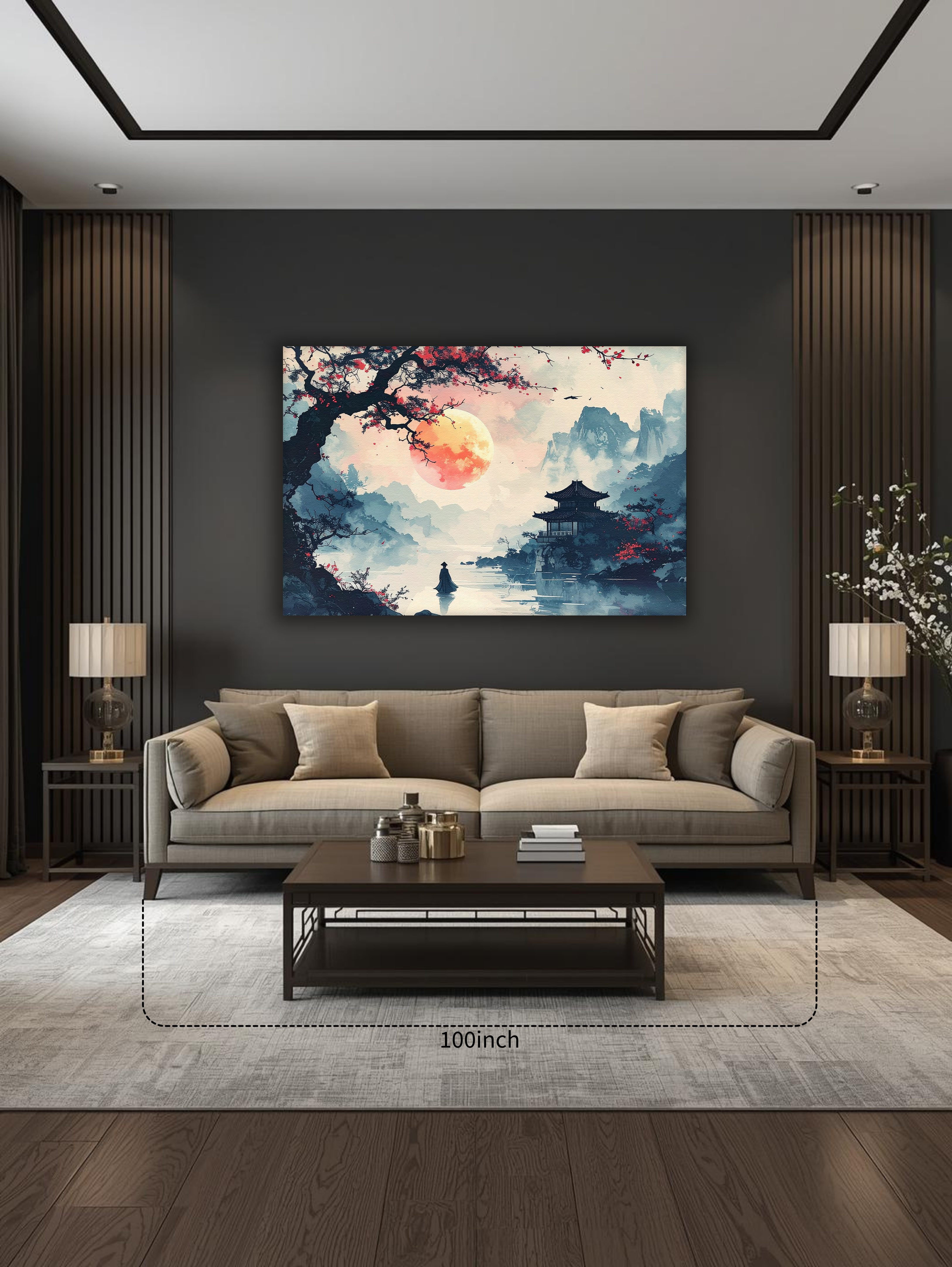 Crimson Moon over the Pavilion – Korean Landscape Canvas Art