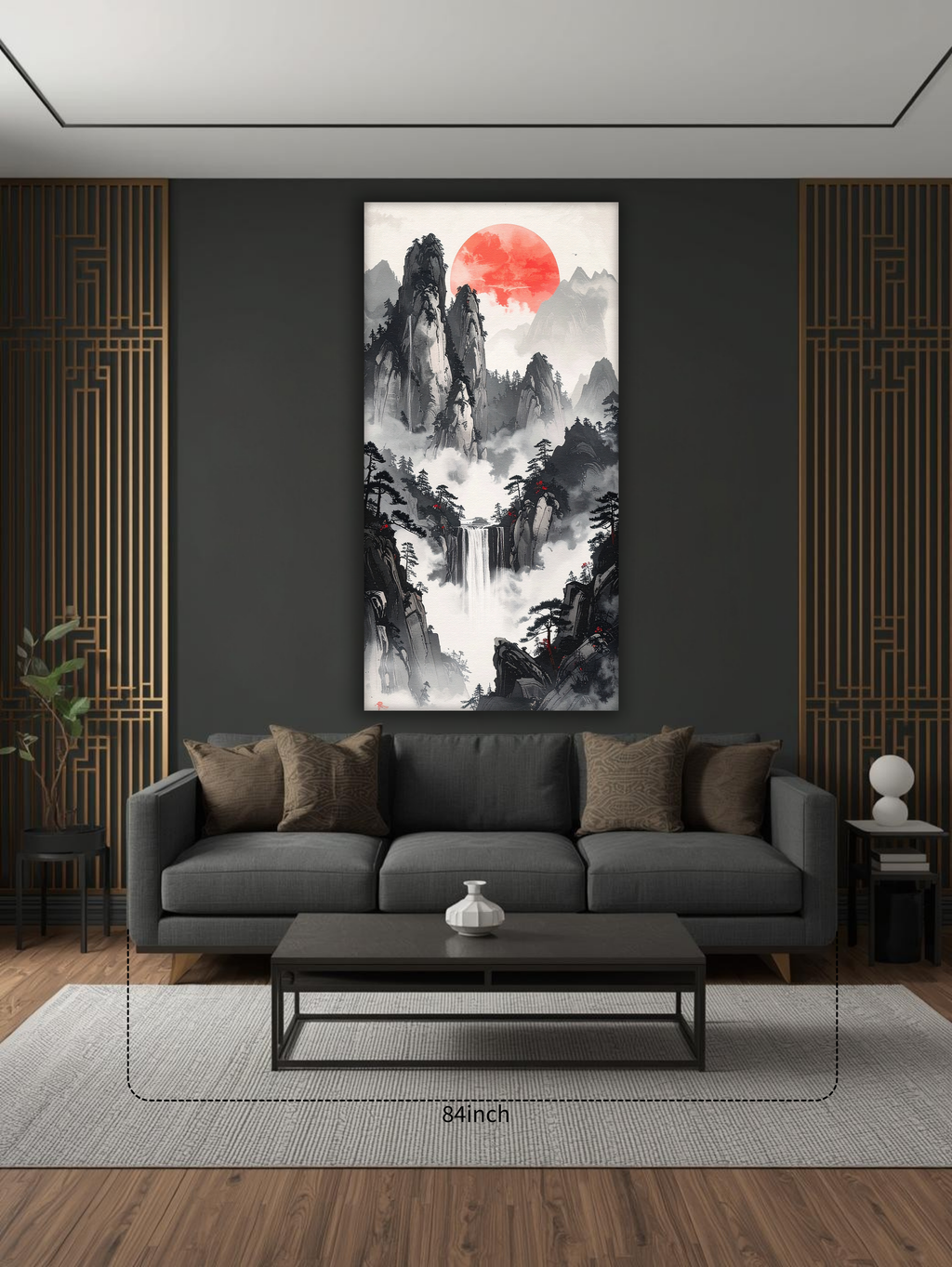Scarlet Sun over Misty Falls (Portrait Canvas Edition)