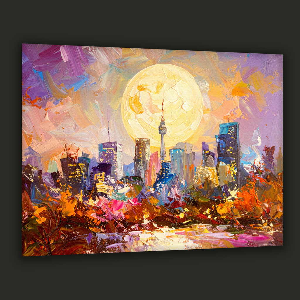 Seoul in Golden Moonlight – Abstract Korean Cityscape Canvas Art