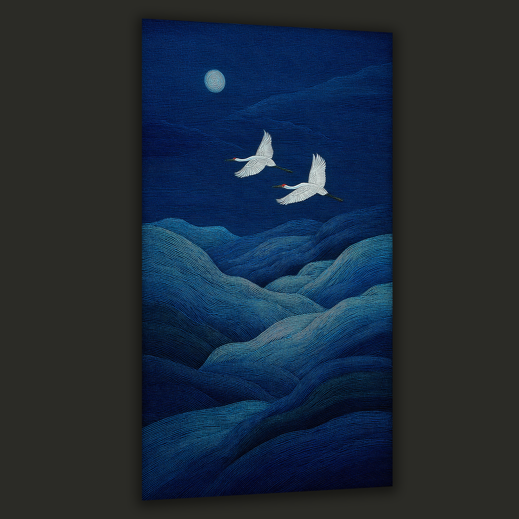 Cranes beneath the Moonlit Waves (Portrait Canvas Edition)