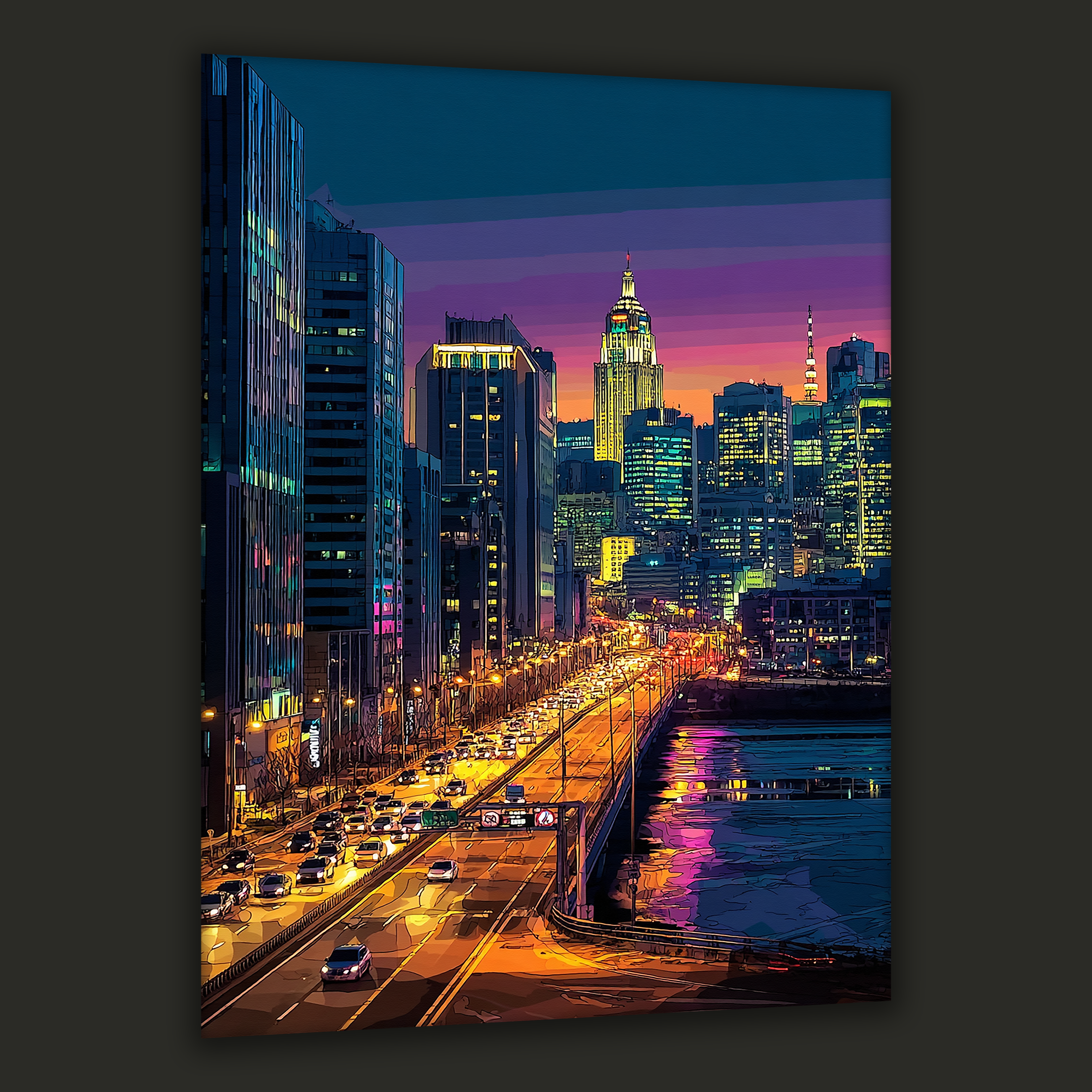 Vibrant Seoul cityscape at sunset with neon skyline — canvas art
