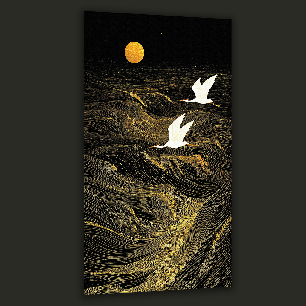 Golden Cranes over Midnight Waves (Portrait Canvas Edition)
