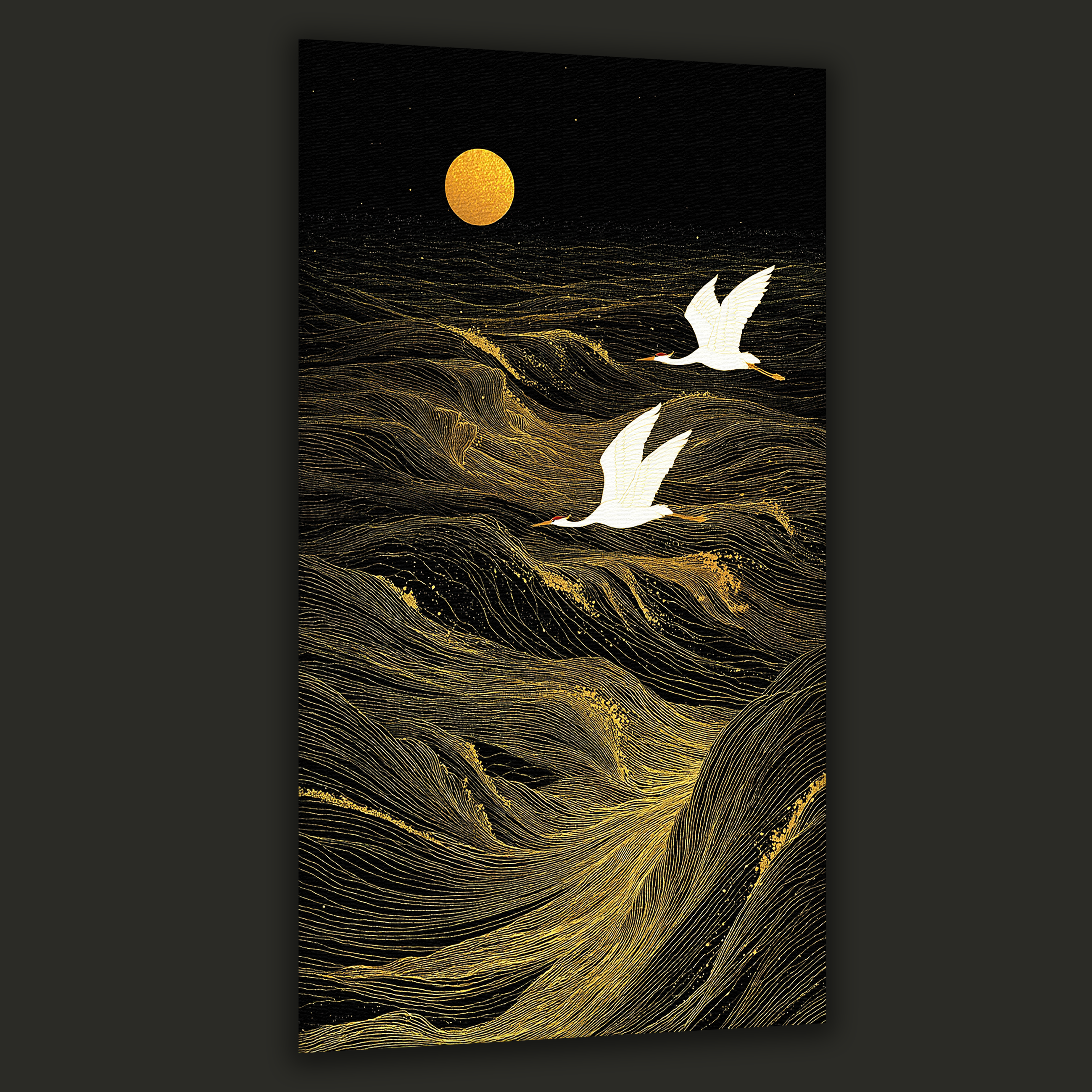 Golden Cranes over Midnight Waves (Portrait Canvas Edition)