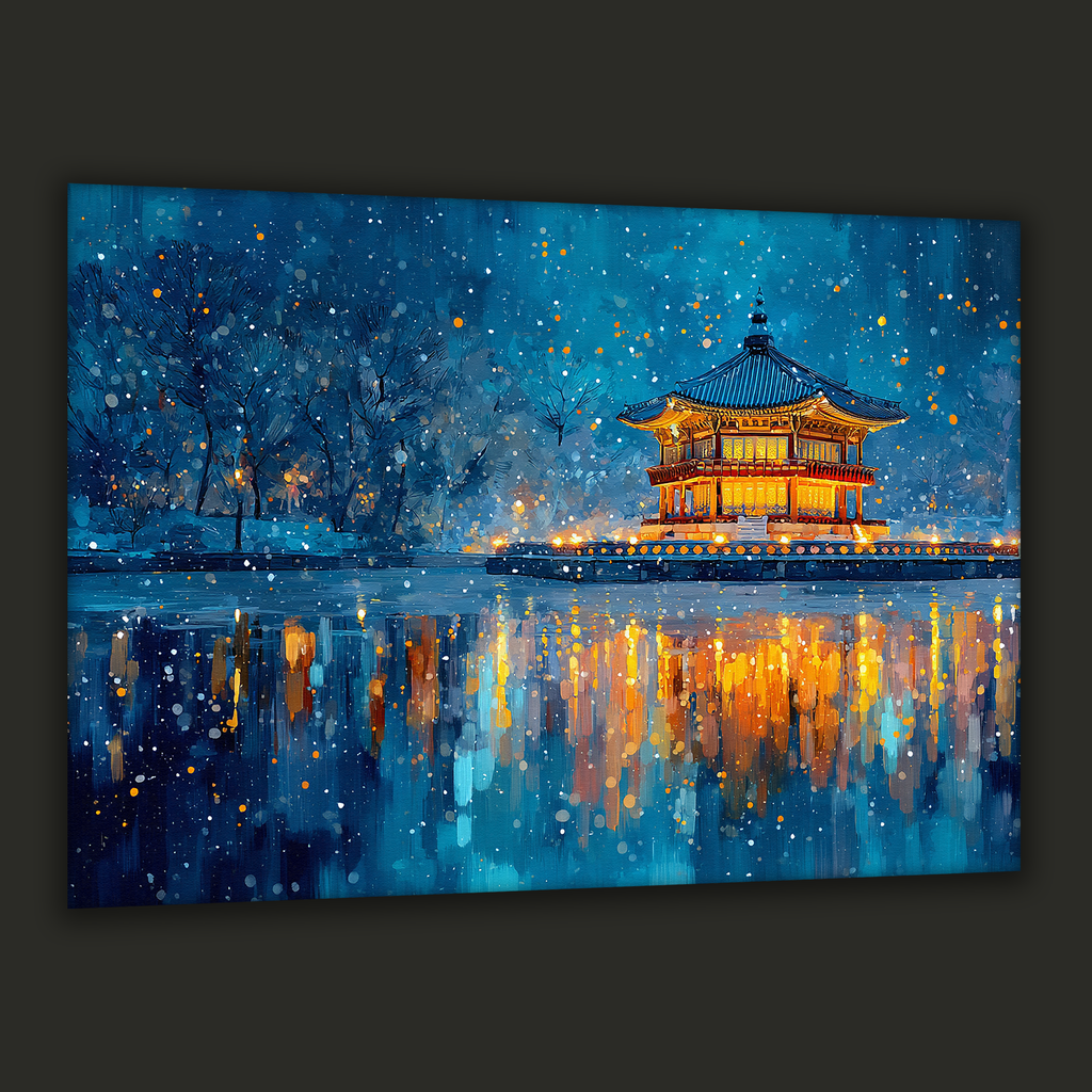 Korean winter pavilion canvas art with warm golden lights reflected on a snowy night lake