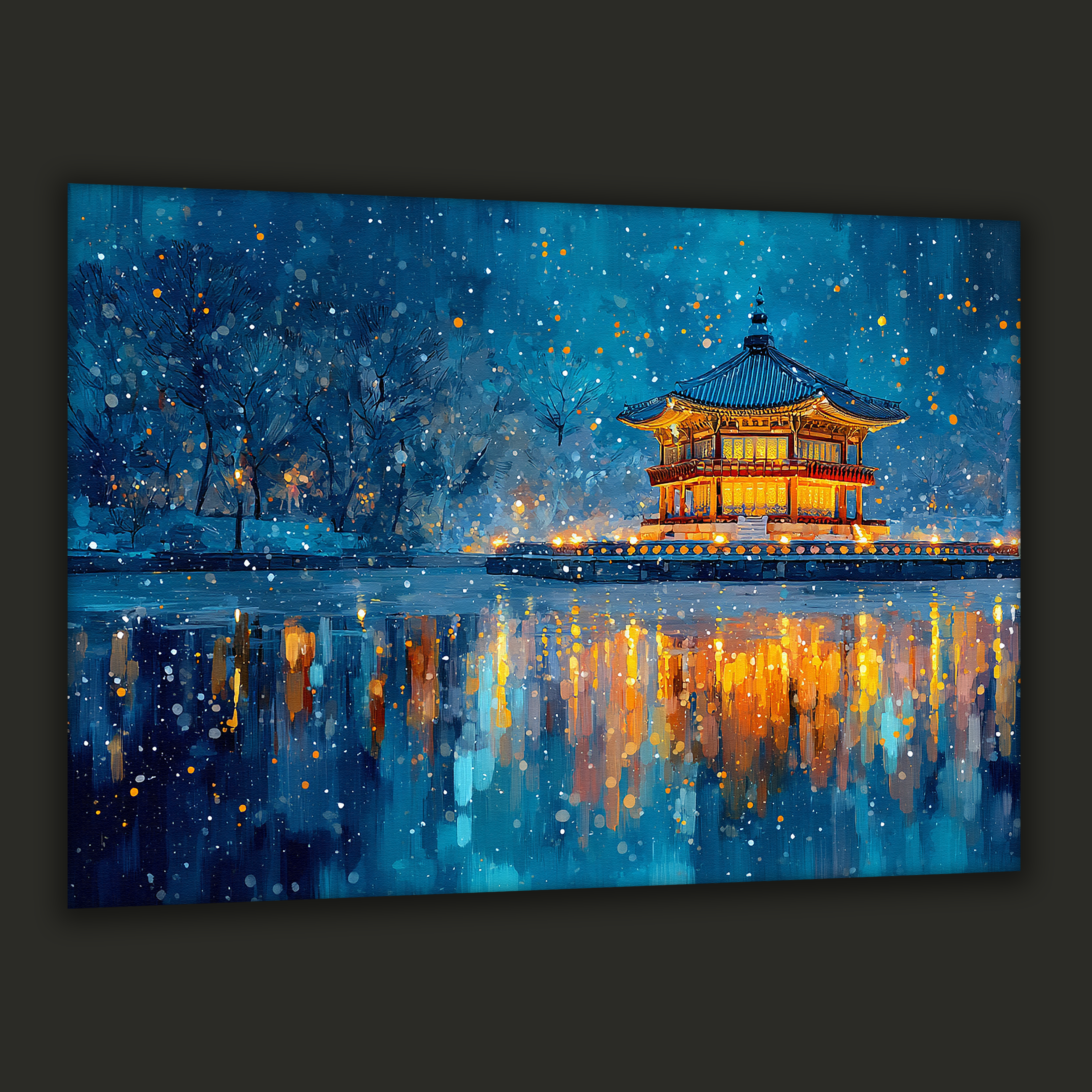Korean winter pavilion canvas art with warm golden lights reflected on a snowy night lake