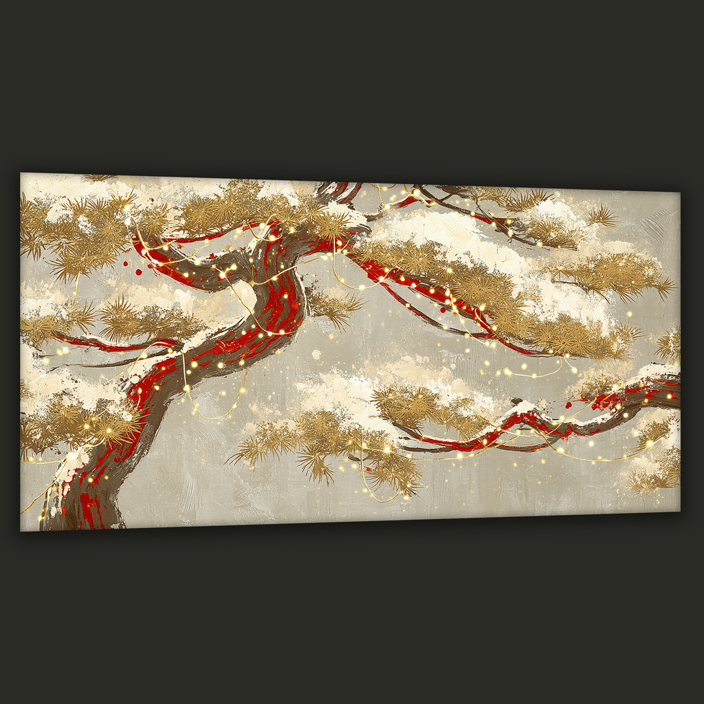 Golden Korean pine tree with snow and warm lights painted in a wide landscape canvas