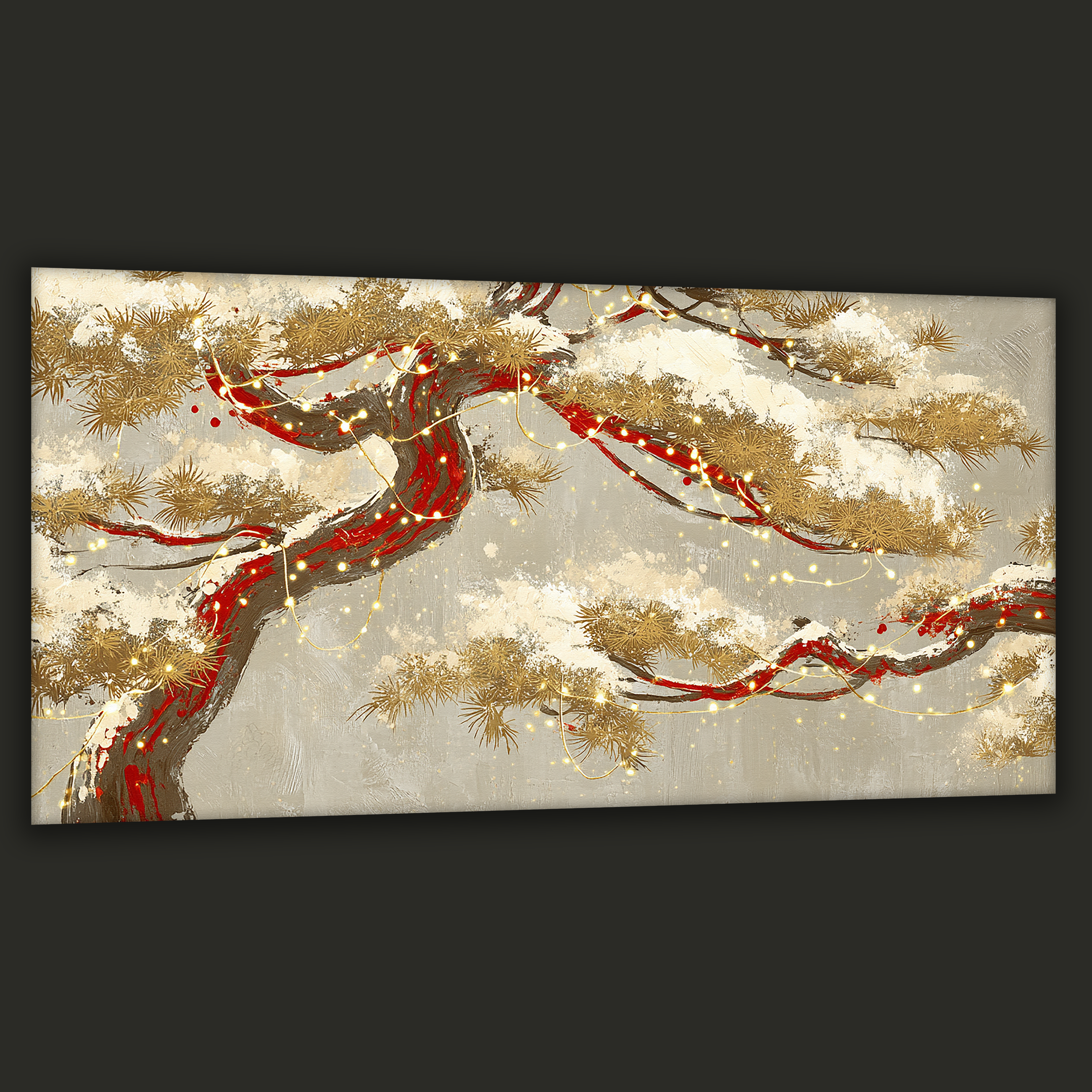 Golden Korean pine tree with snow and warm lights painted in a wide landscape canvas