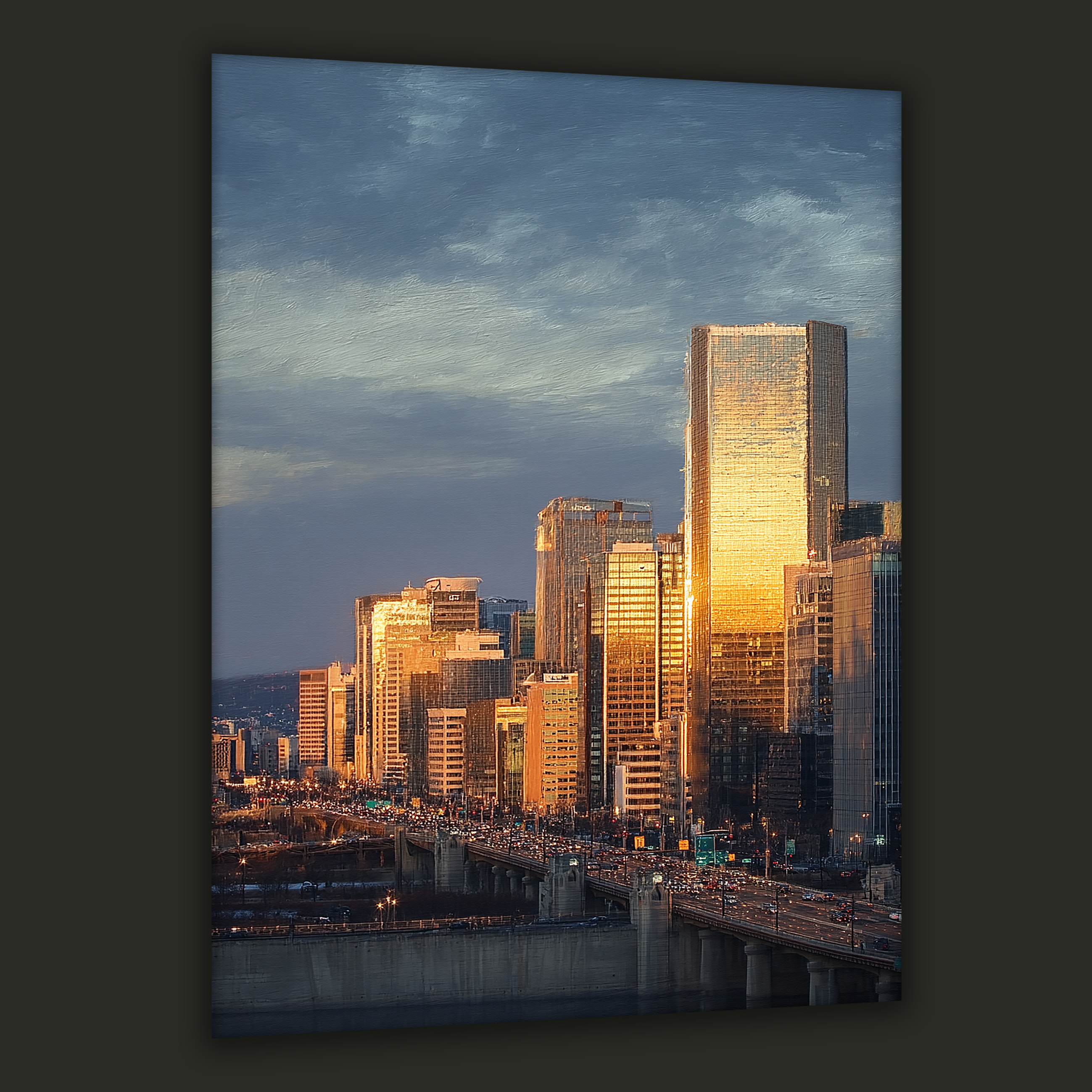 Seoul high-rise skyline glowing with golden sunset reflections — canvas art