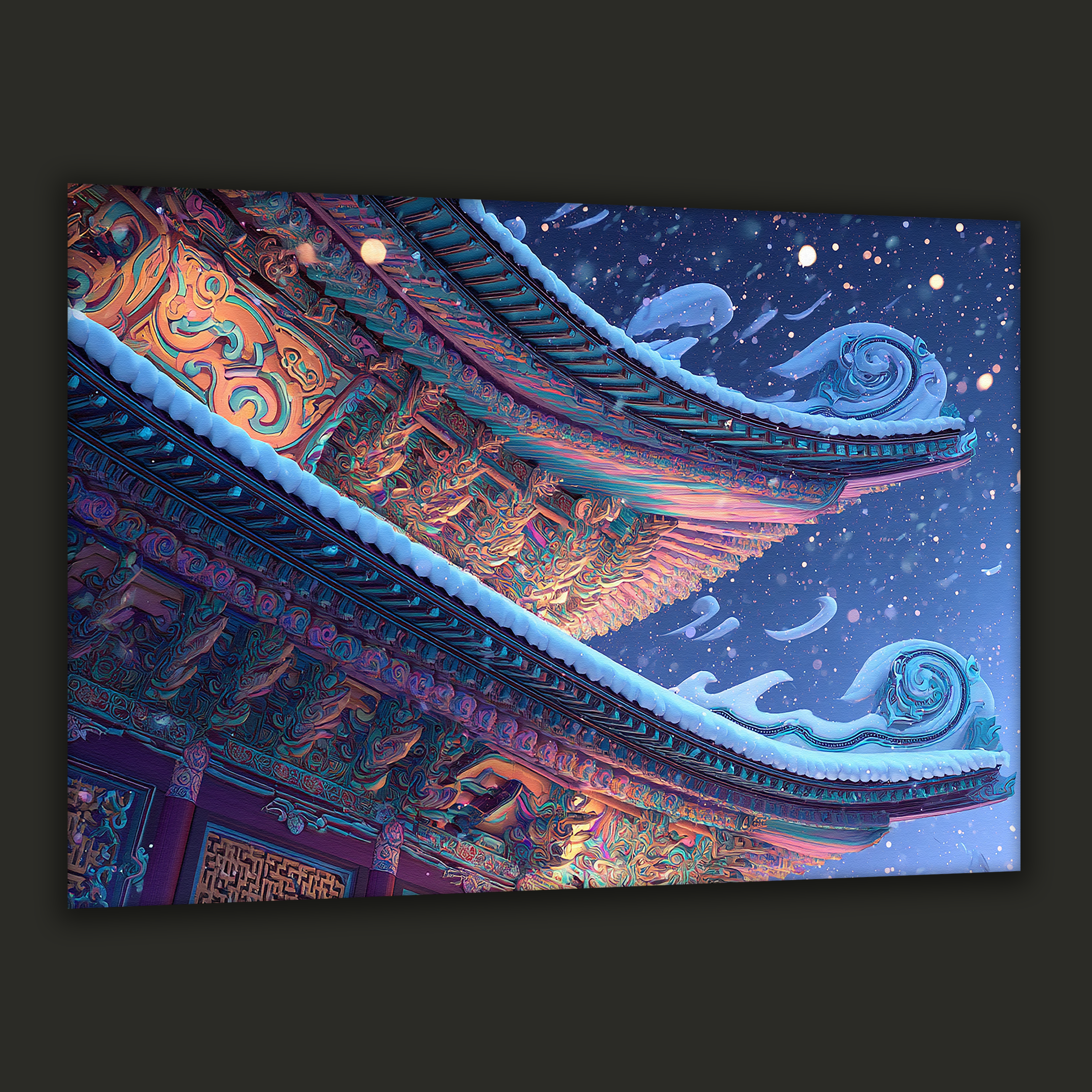 Korean temple roof canvas art with colorful dancheong patterns and snow under a calm winter night sky