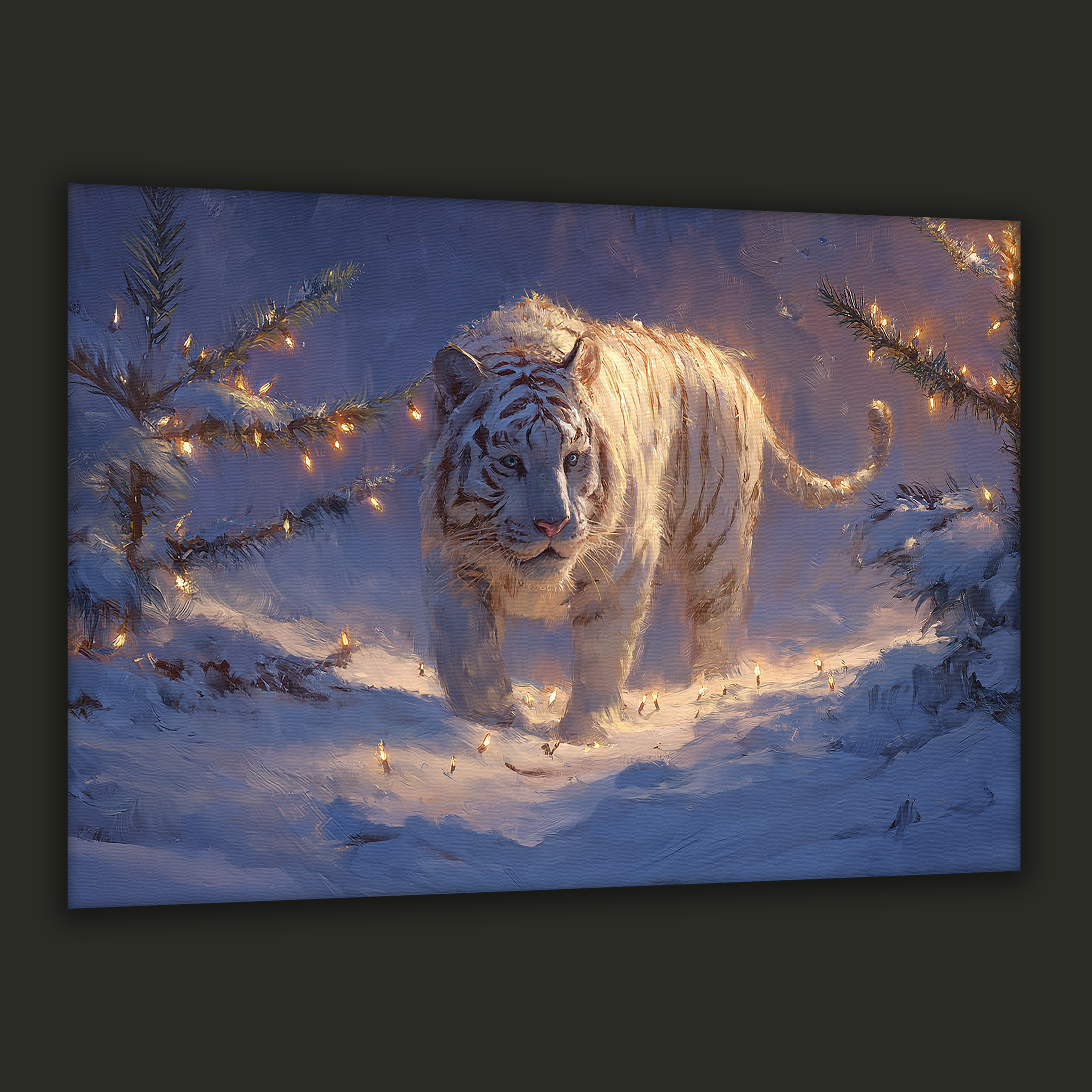 White tiger walking through a snowy Korean forest with warm winter lights — canvas art
