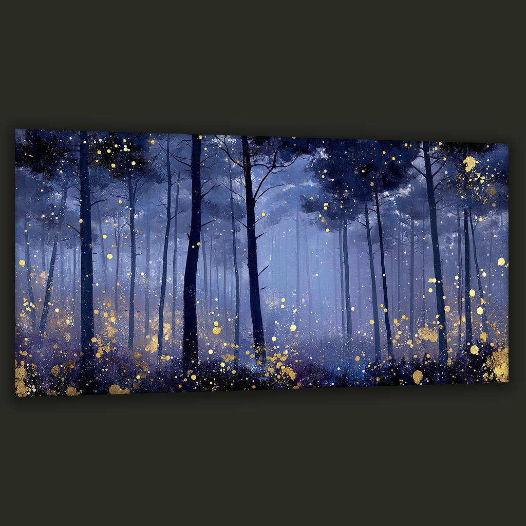 Misty blue Korean forest with gold splashes in a wide landscape canvas