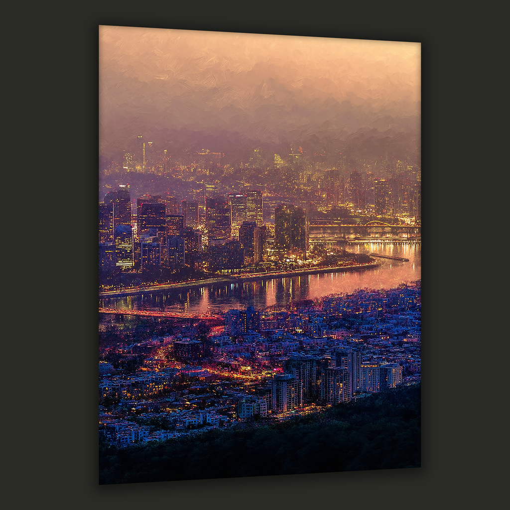 Seoul skyline at dusk glowing over the river — canvas art