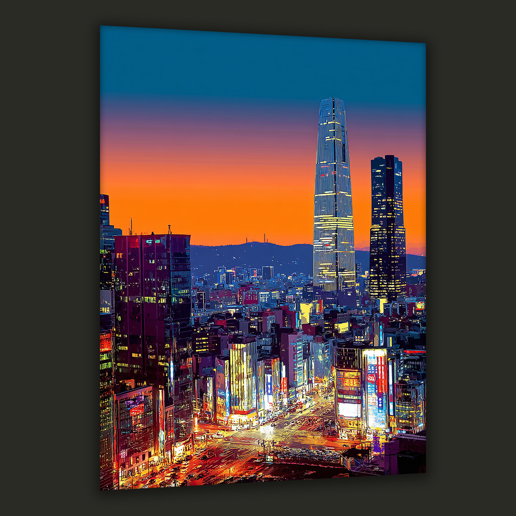 Neon-lit Seoul skyline at sunset with tall towers — canvas art