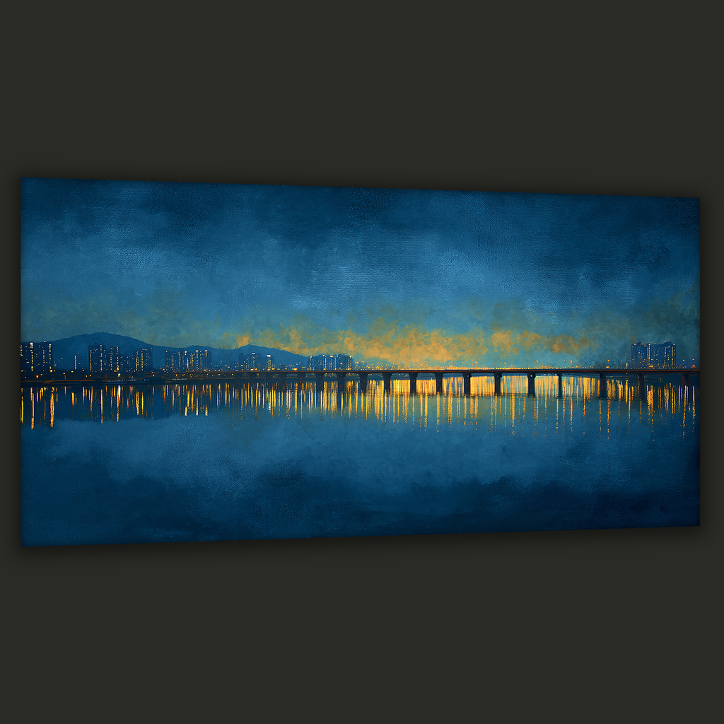 Korean Night River Canvas Art | Seoul Bridge Reflections (Landscape Canvas Edition)