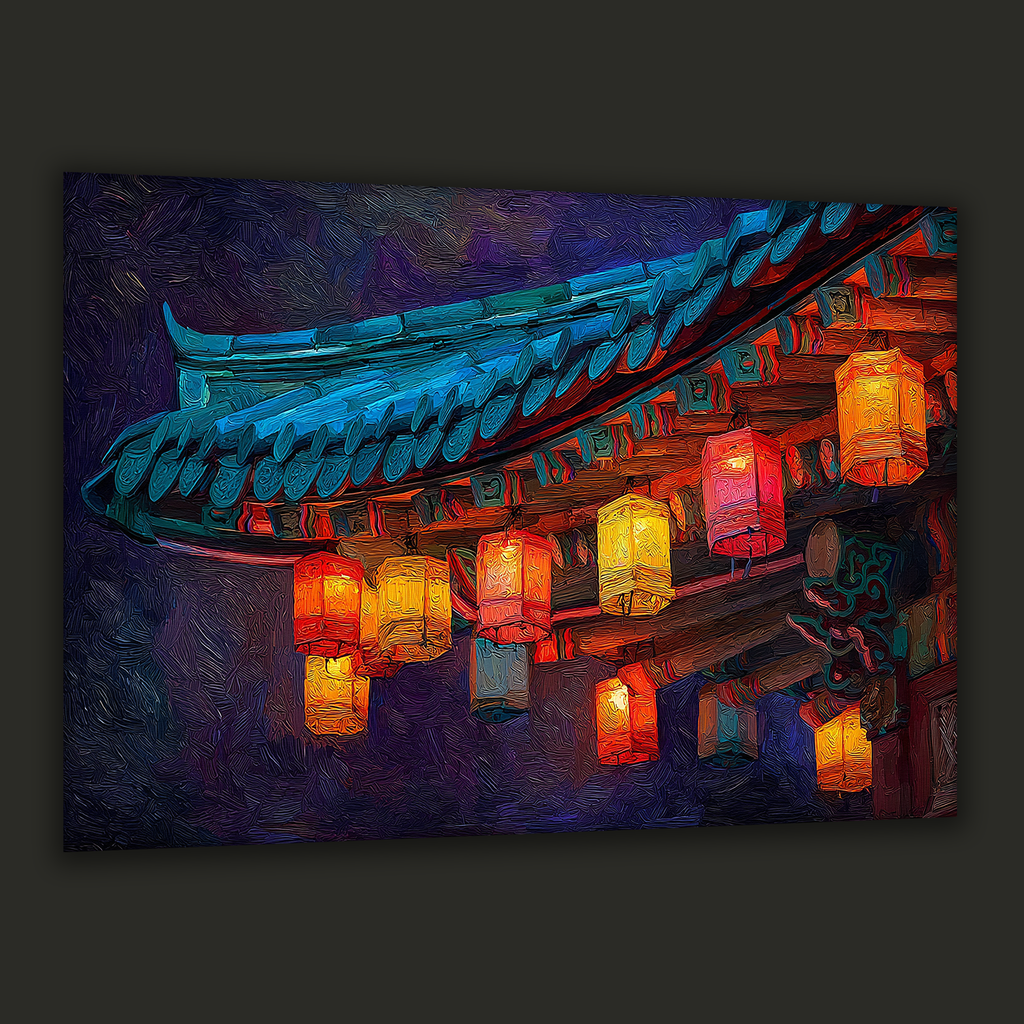 Colorful Korean lanterns under a traditional temple roof at night — canvas art