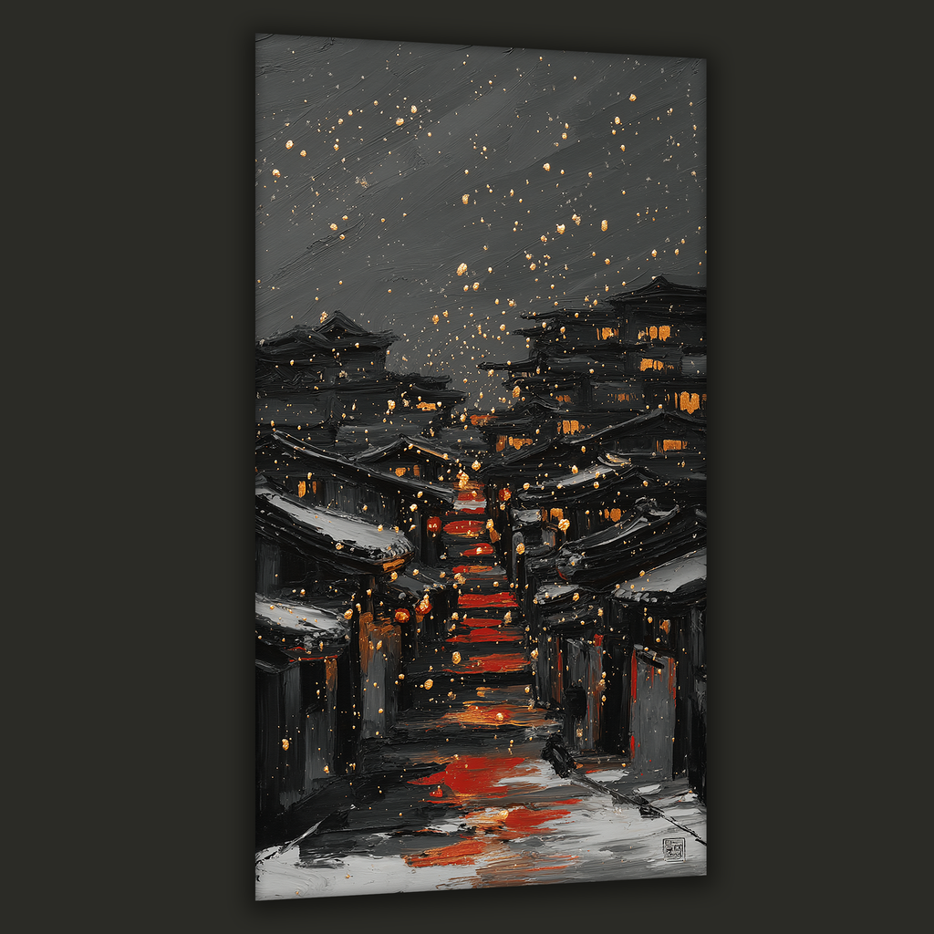 Korean night village alley with red path and gold snow in a vertical portrait canvas